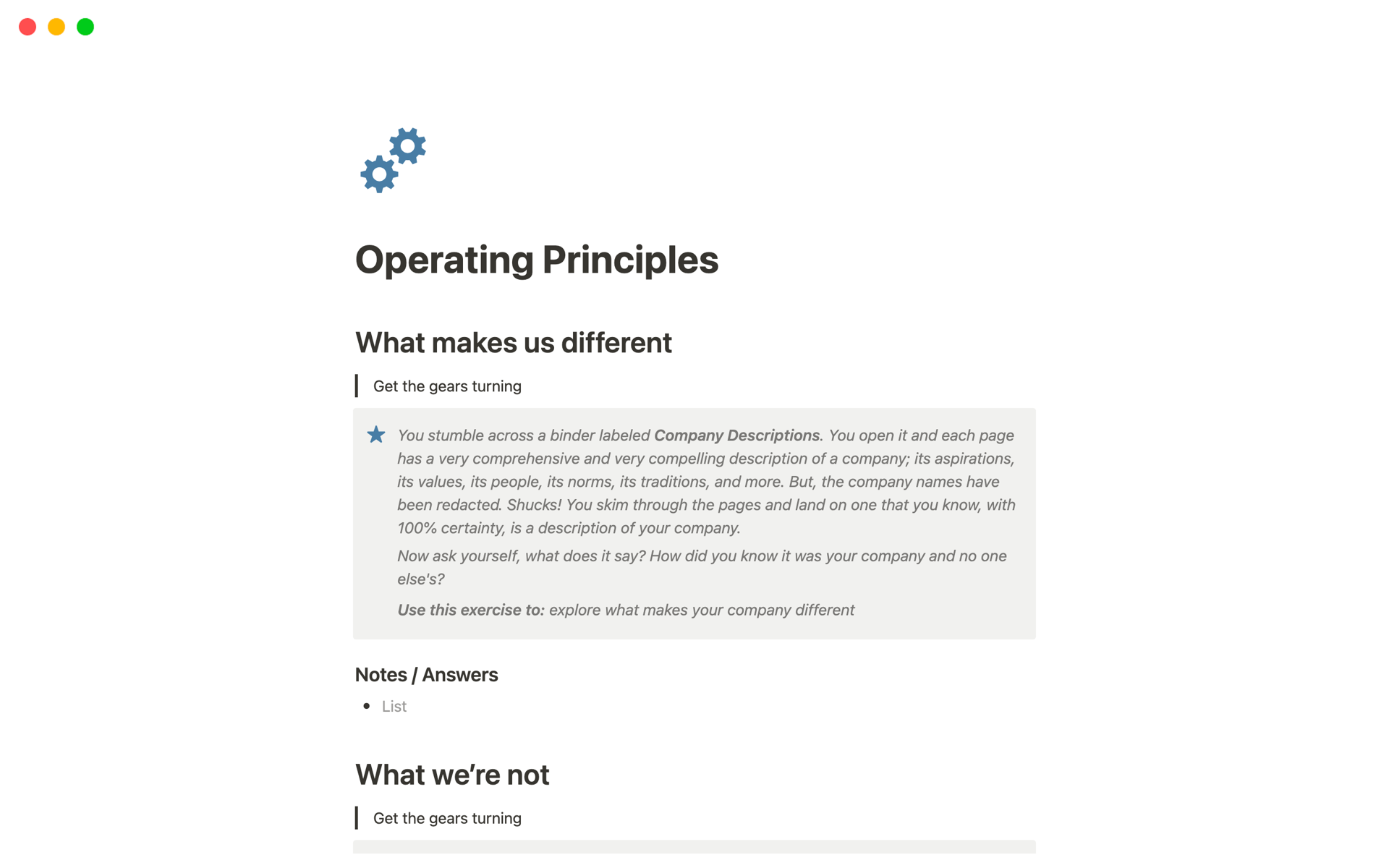 En förhandsgranskning av mallen för Operating Principles