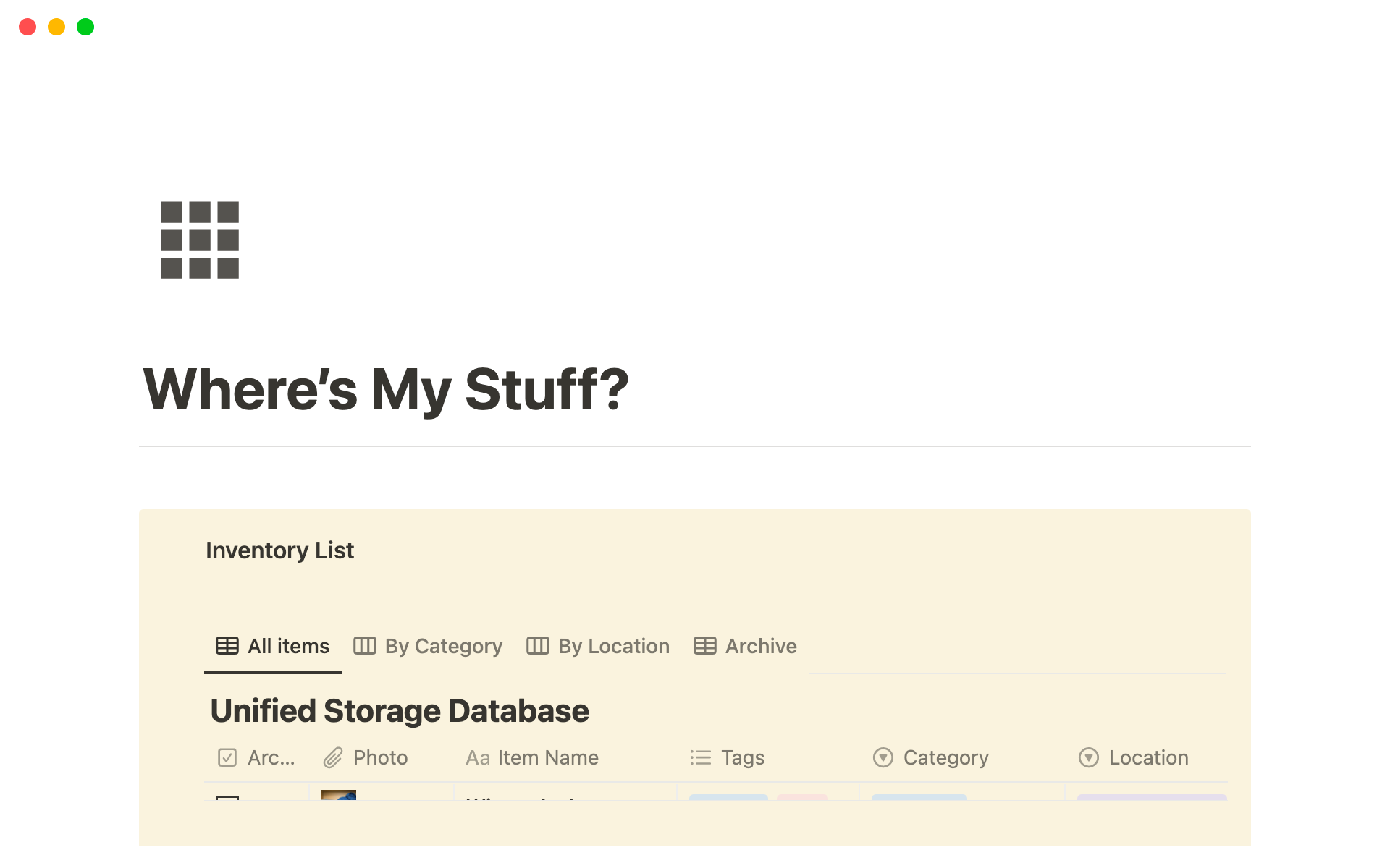 En förhandsgranskning av mallen för Where is My Stuff? - Storage & Inventory Assistant