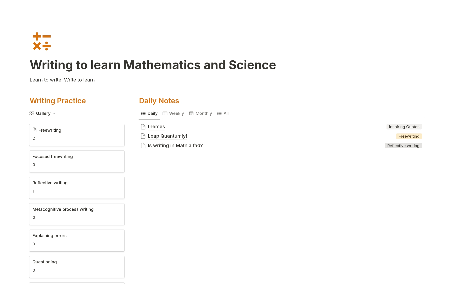Uma prévia do modelo para Writing to Learn Maths & Science | Notion Book