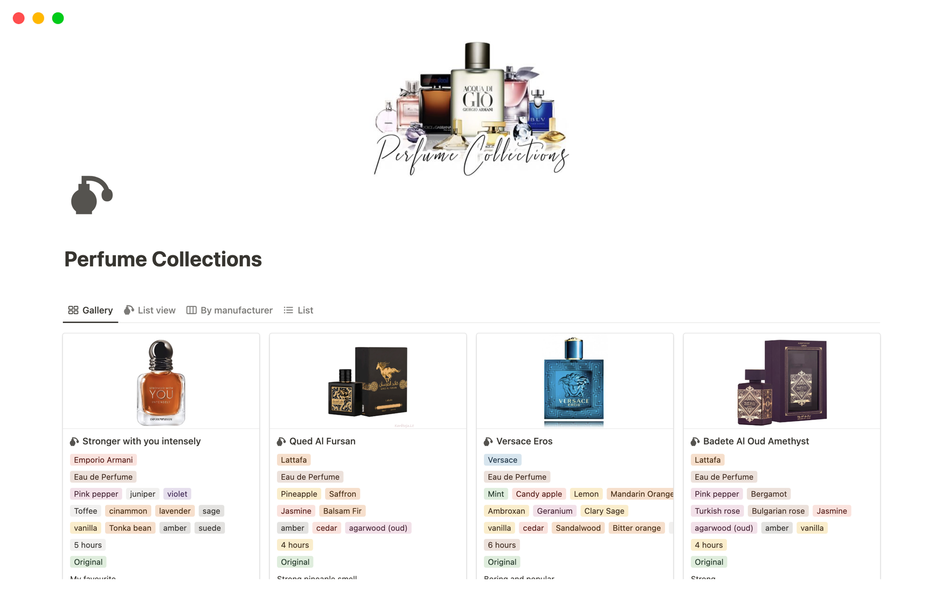 En förhandsgranskning av mallen för Perfume Collections