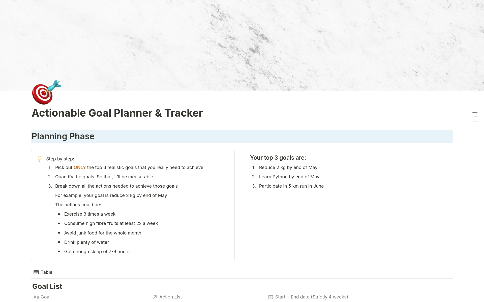 En forhåndsvisning av mal for Actionable Goal Planner & Tracker