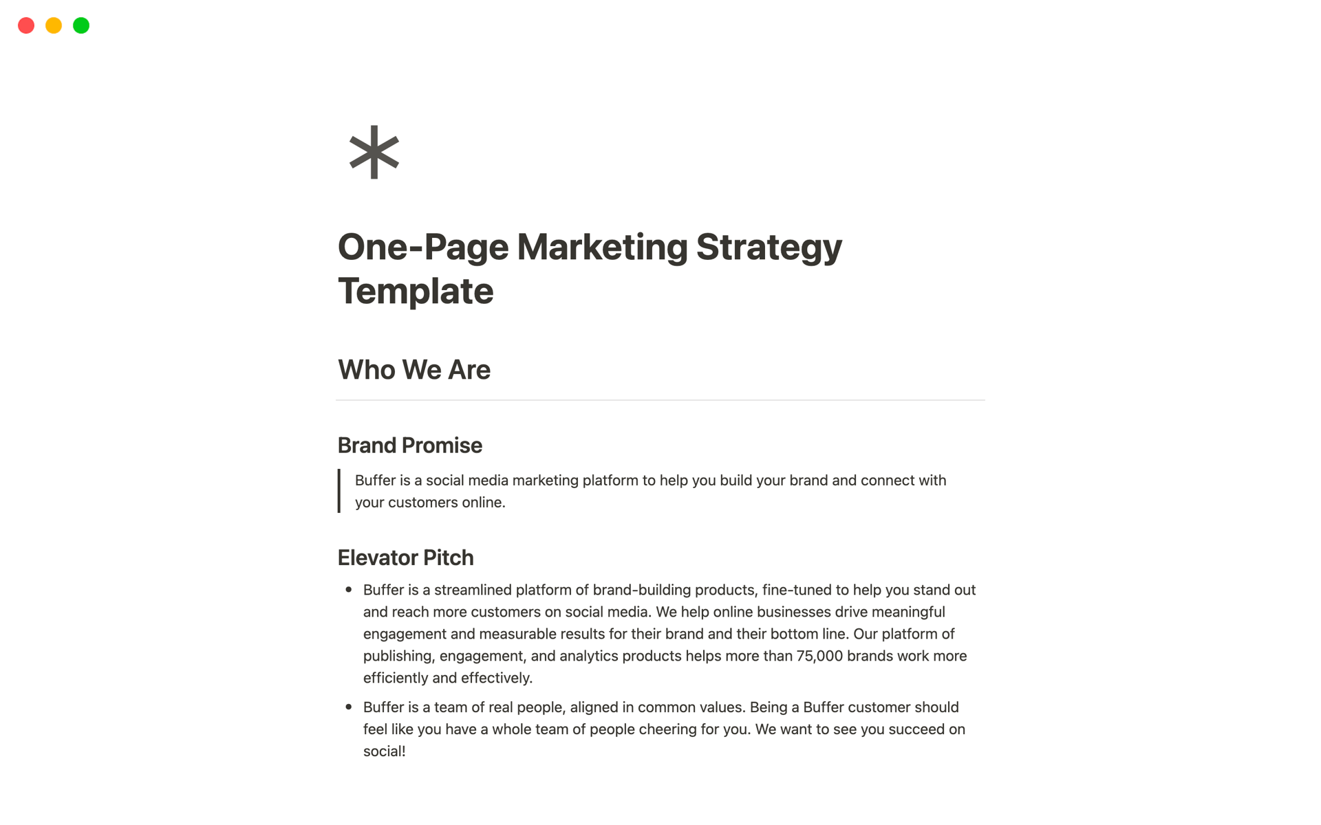 En forhåndsvisning av mal for One-Page Marketing Strategy