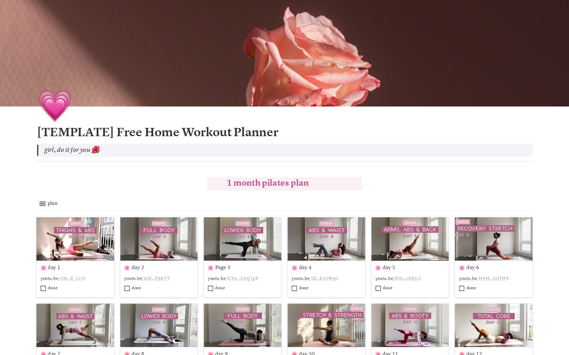 🎀 Free Home Workout Planner Notion template includes a 1-month pilates plan and a monthly tracker to monitor your progress.

Take the first step towards a healthier, happier you today! 😍