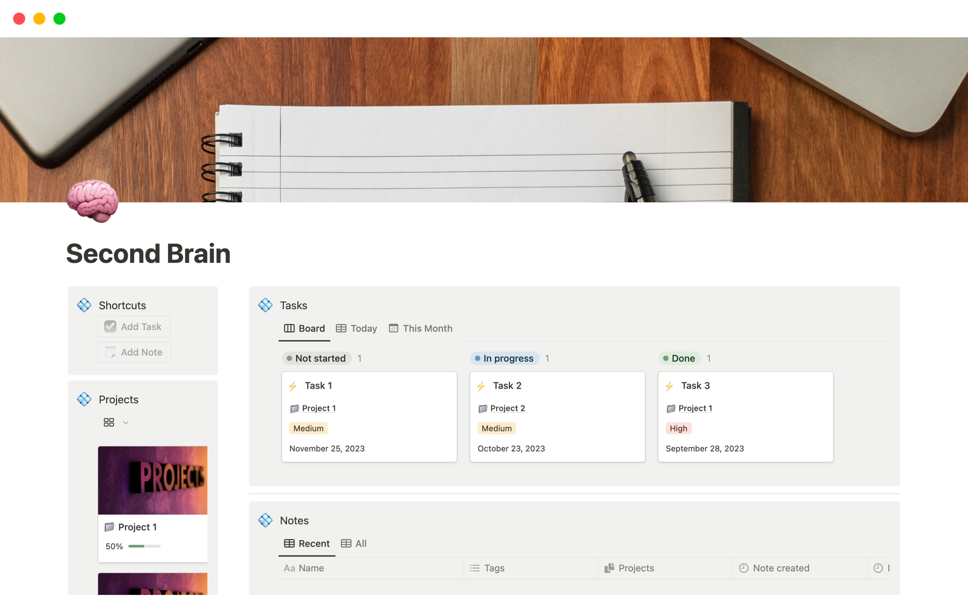 Effortlessly manage tasks, notes, and projects with the Second Brain Notion template, designed for clarity and efficient progression tracking.
