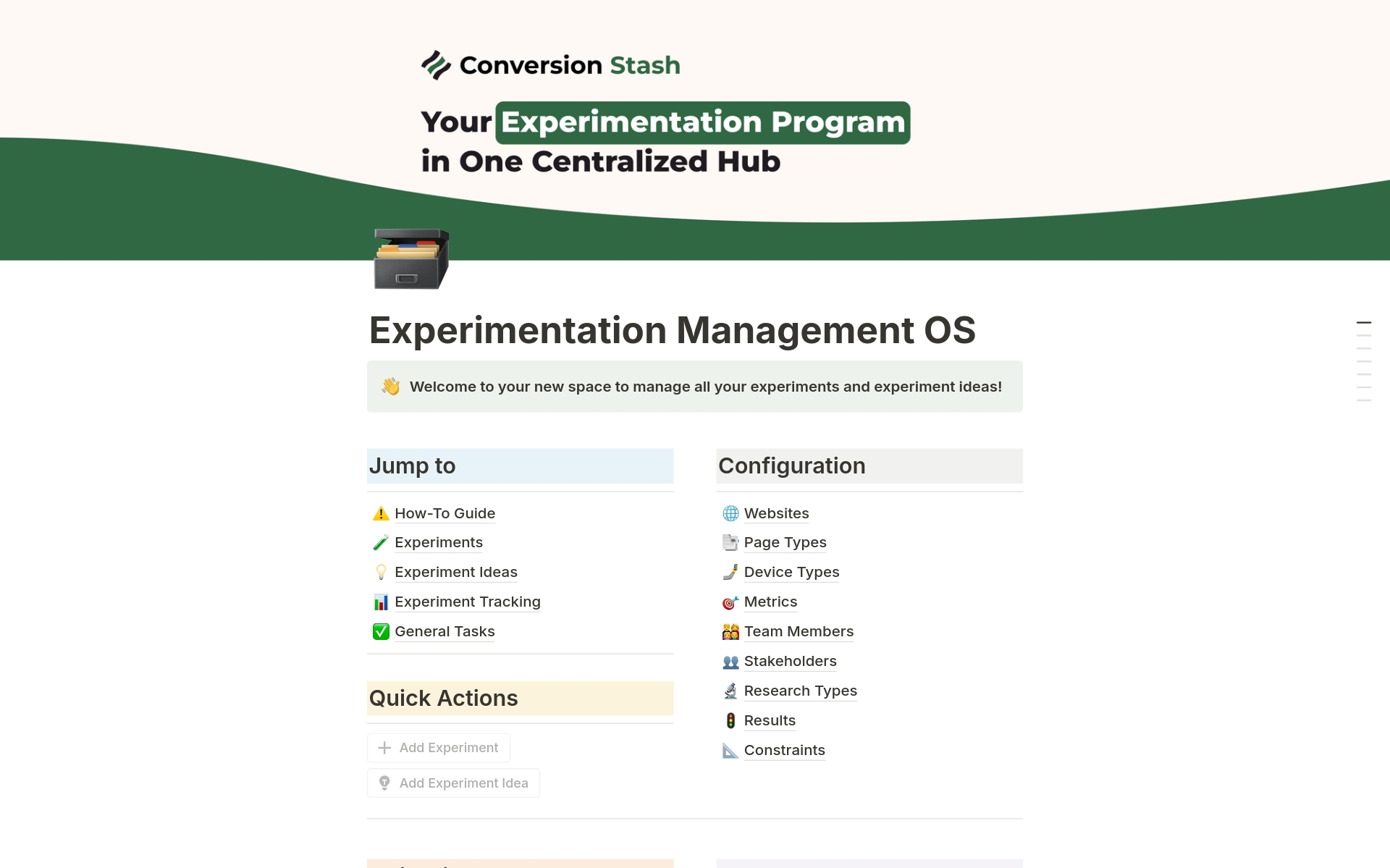 Vista previa de una plantilla para Experimentation Management OS
