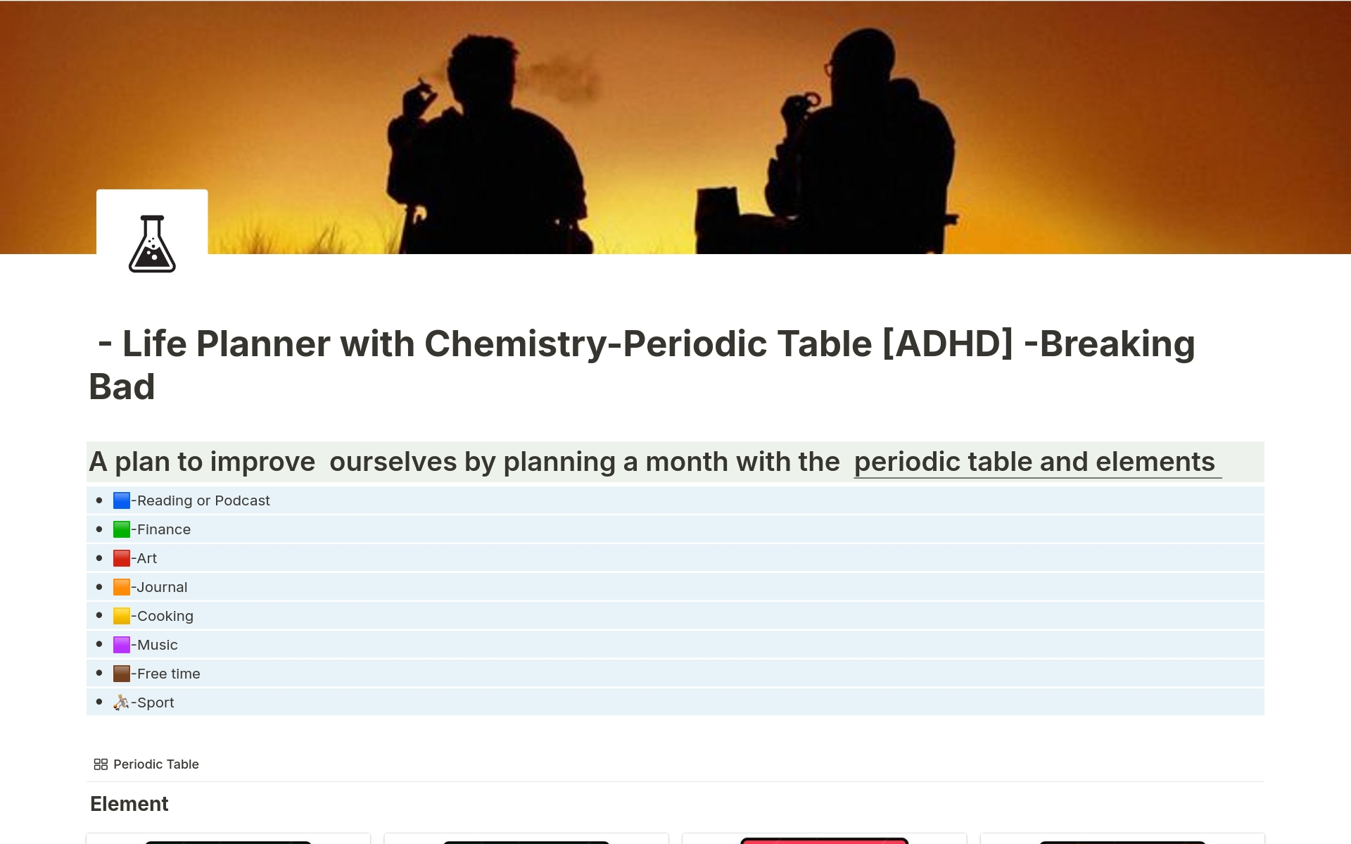 En förhandsgranskning av mallen för Life Planner with periodic table [ADHD]