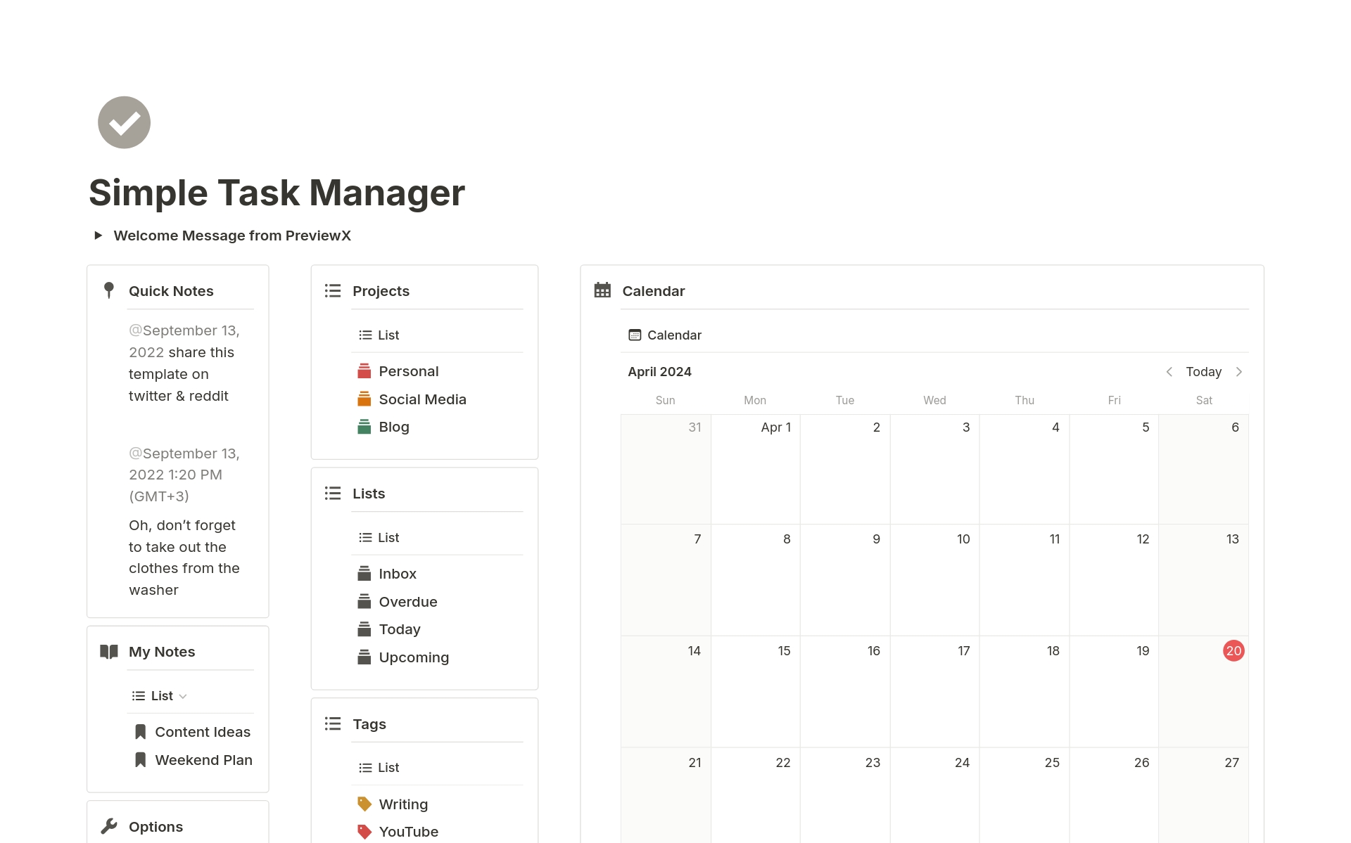 En forhåndsvisning av mal for Simple Task Manager