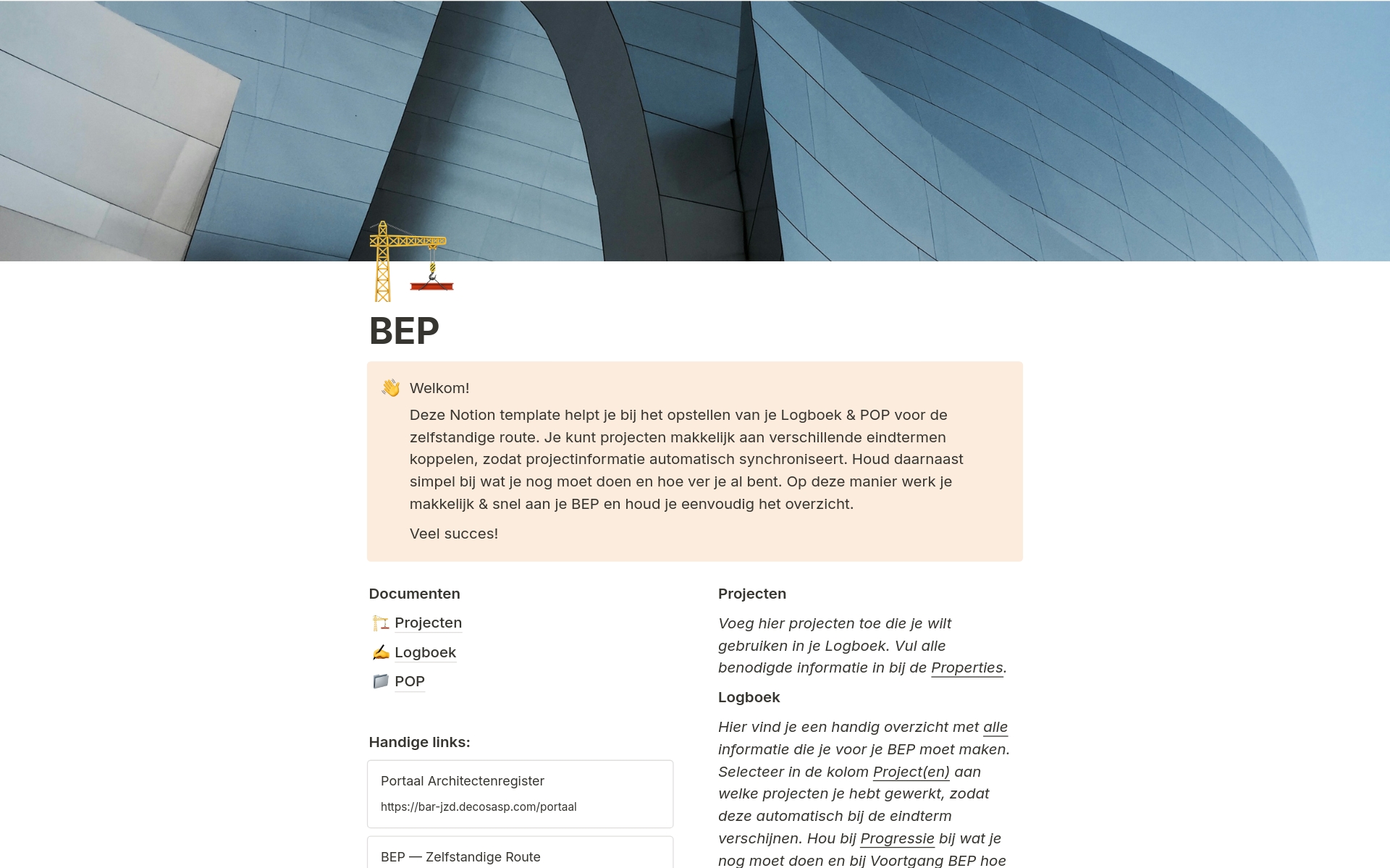 En förhandsgranskning av mallen för Beroepservaringsperiode (BEP) - Logboek & POP