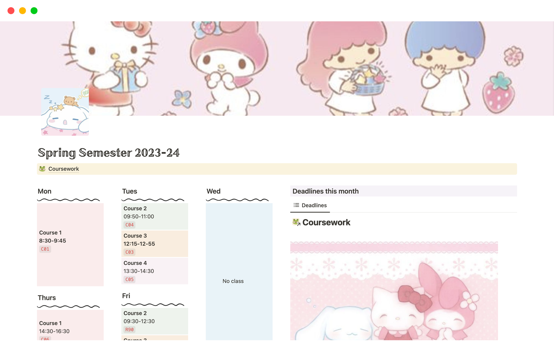 Hello Kitty semester notes page