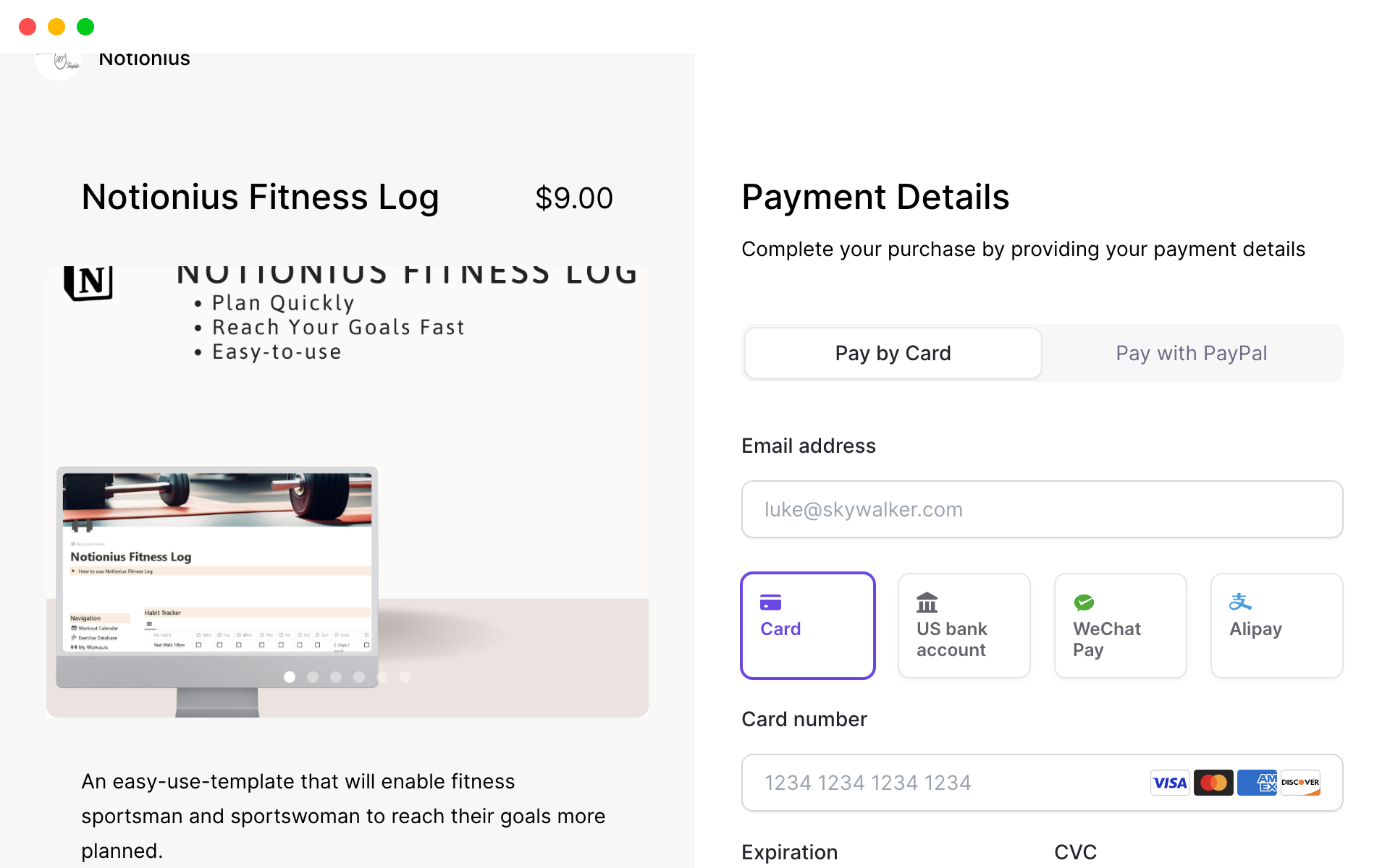 A template preview for Notionius Fitness Log