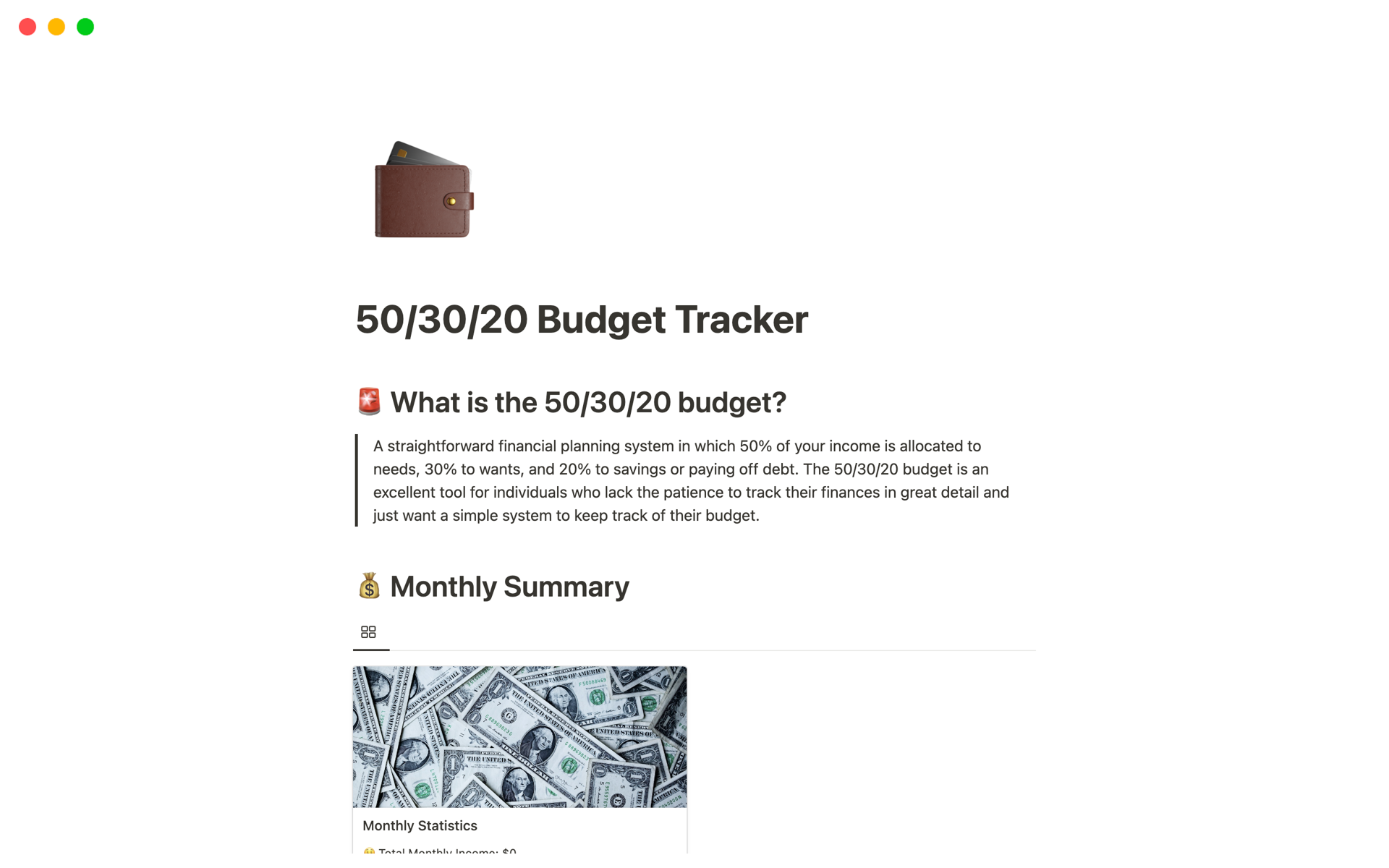 Aperçu du modèle de 50/30/20 budget tracker