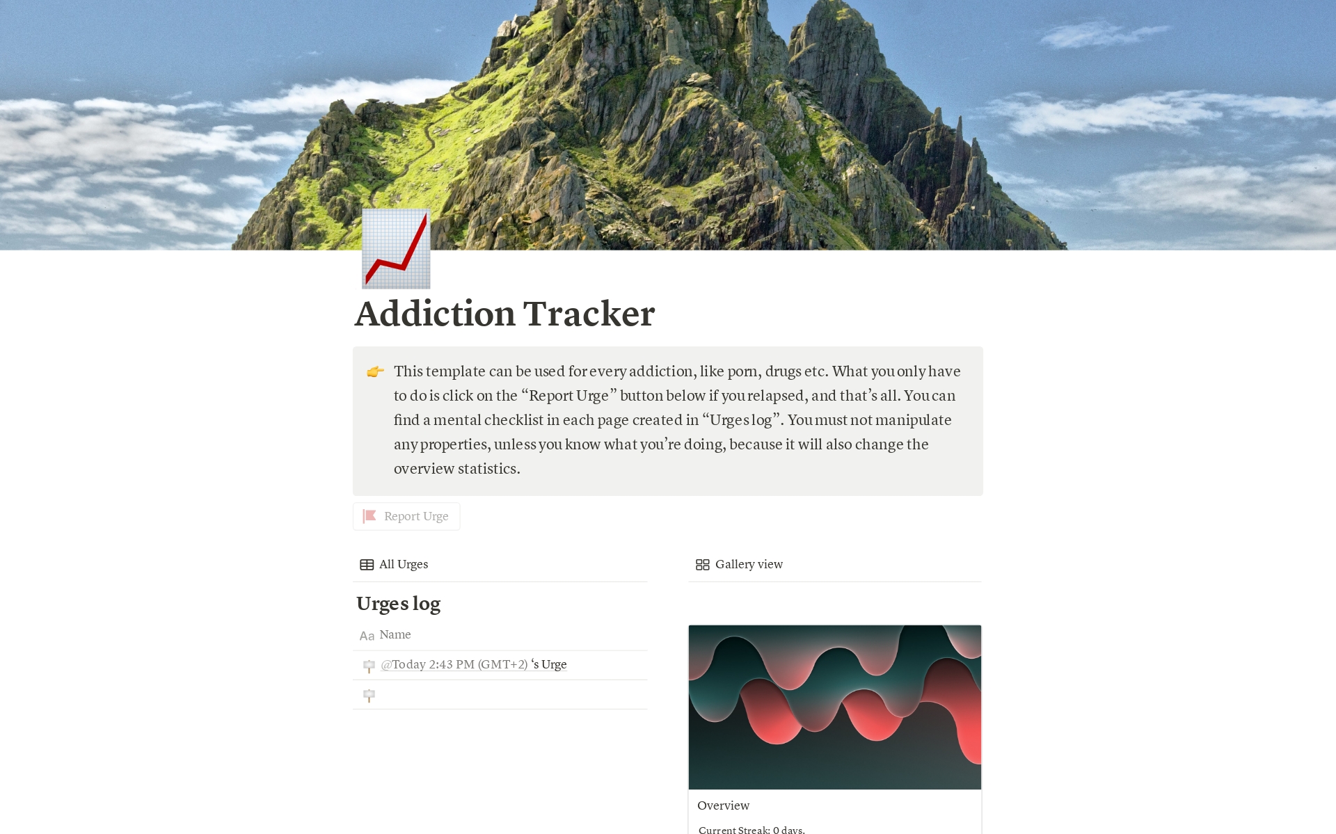 A template preview for Addiction Tracker