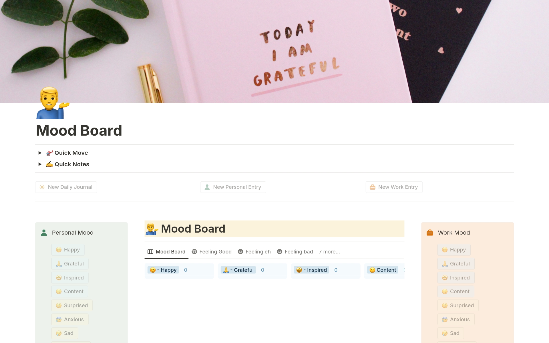A neat place to keep all your thoughts organized and together and plan your days, morning and evening. Built to copy the format I used when journaling in the military and used daily. The mood board is a great way to track your wellbeing overtime.