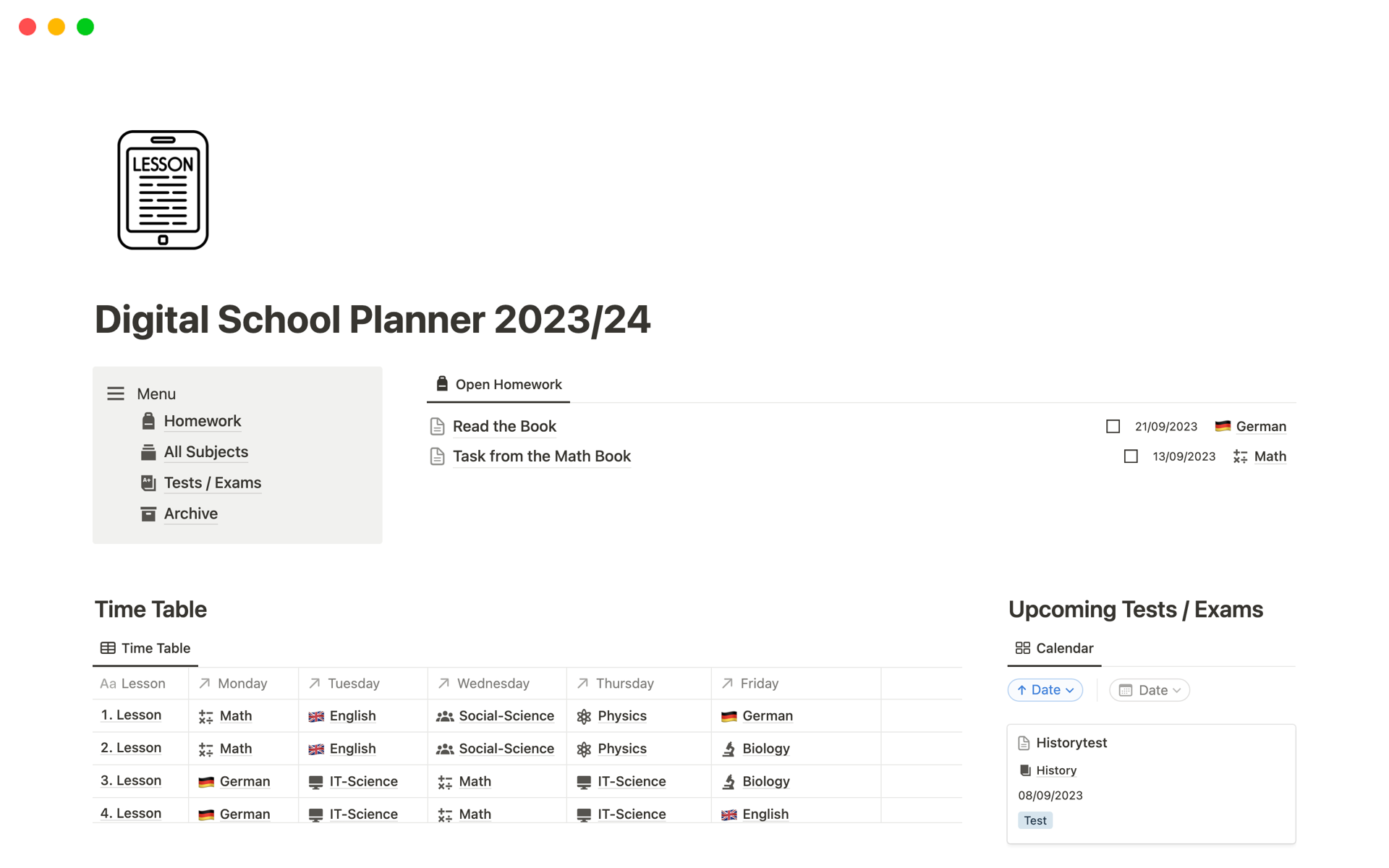 En förhandsgranskning av mallen för Digital School Planner