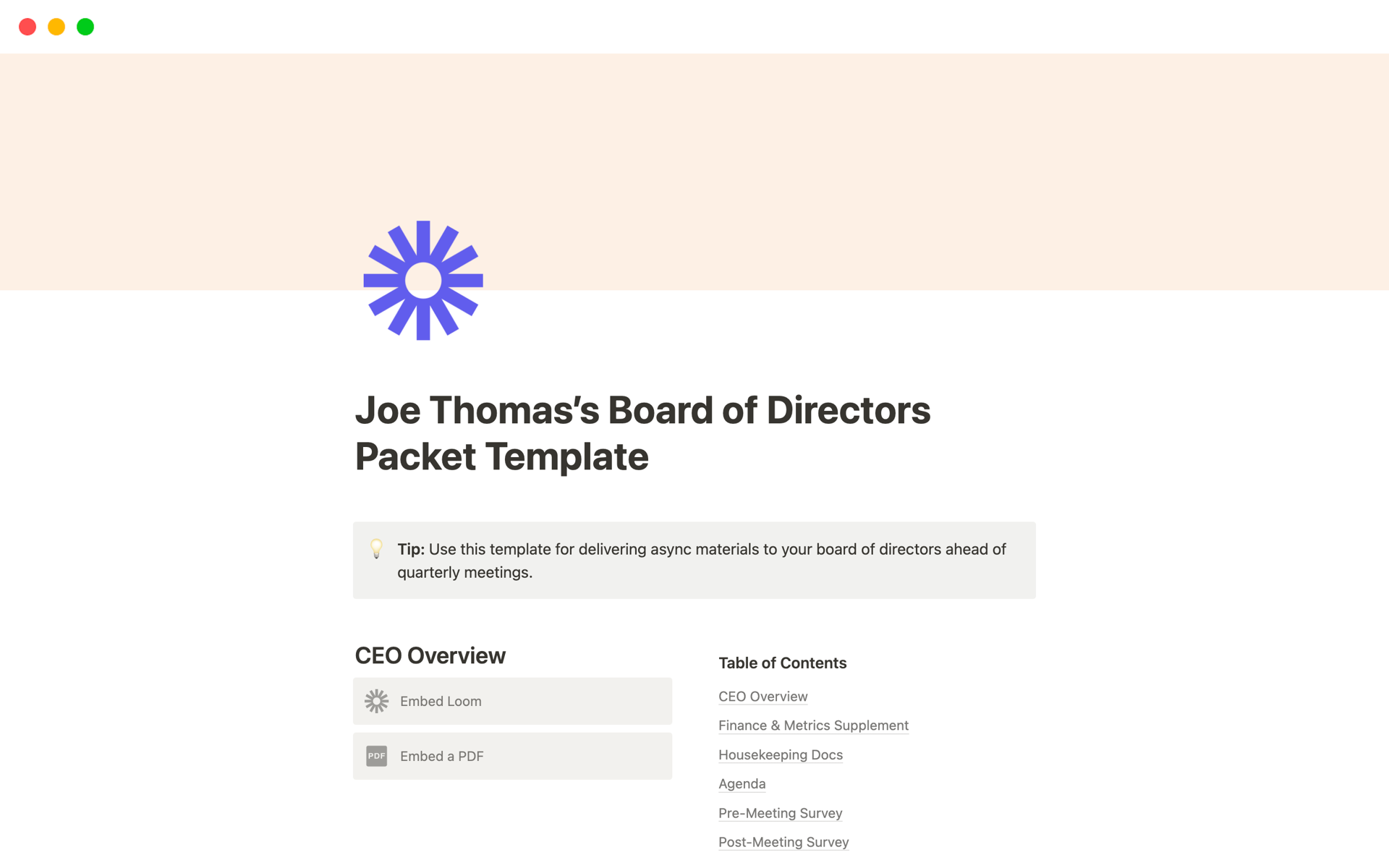 En forhåndsvisning av mal for Board of Directors Packet