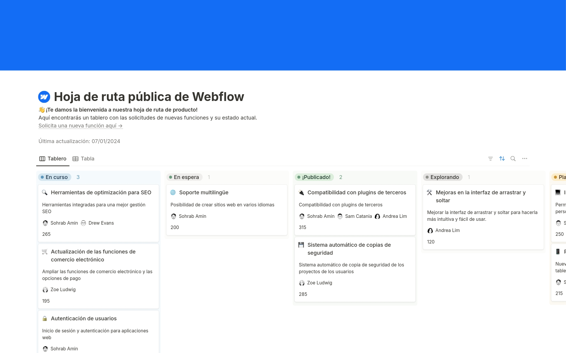 Vista previa de plantilla para Hoja de ruta pública de Webflow