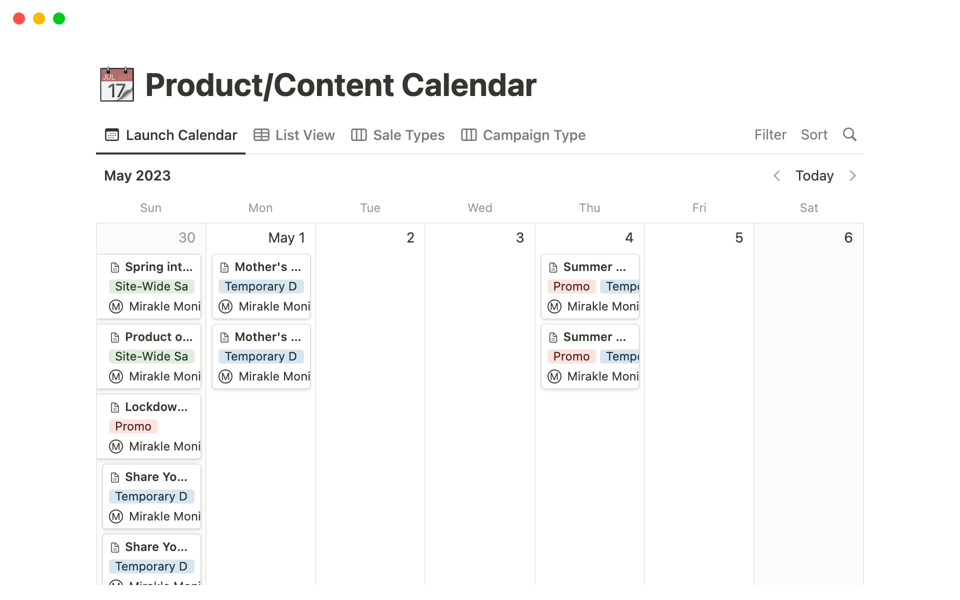 Email/SMS Product Content Calendarのテンプレートのプレビュー