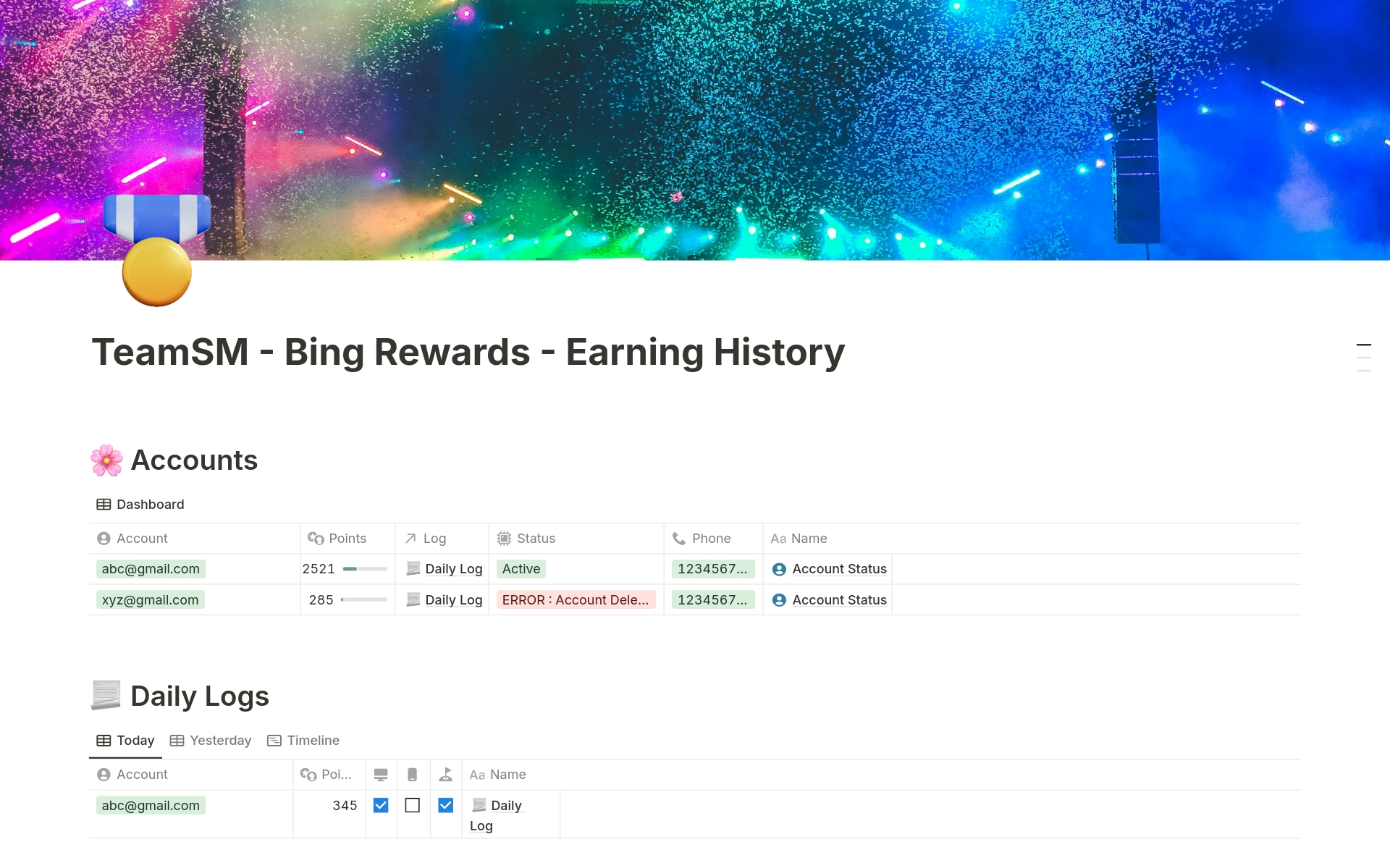 Aperçu du modèle de TeamSM - Bing Rewards - Earning History