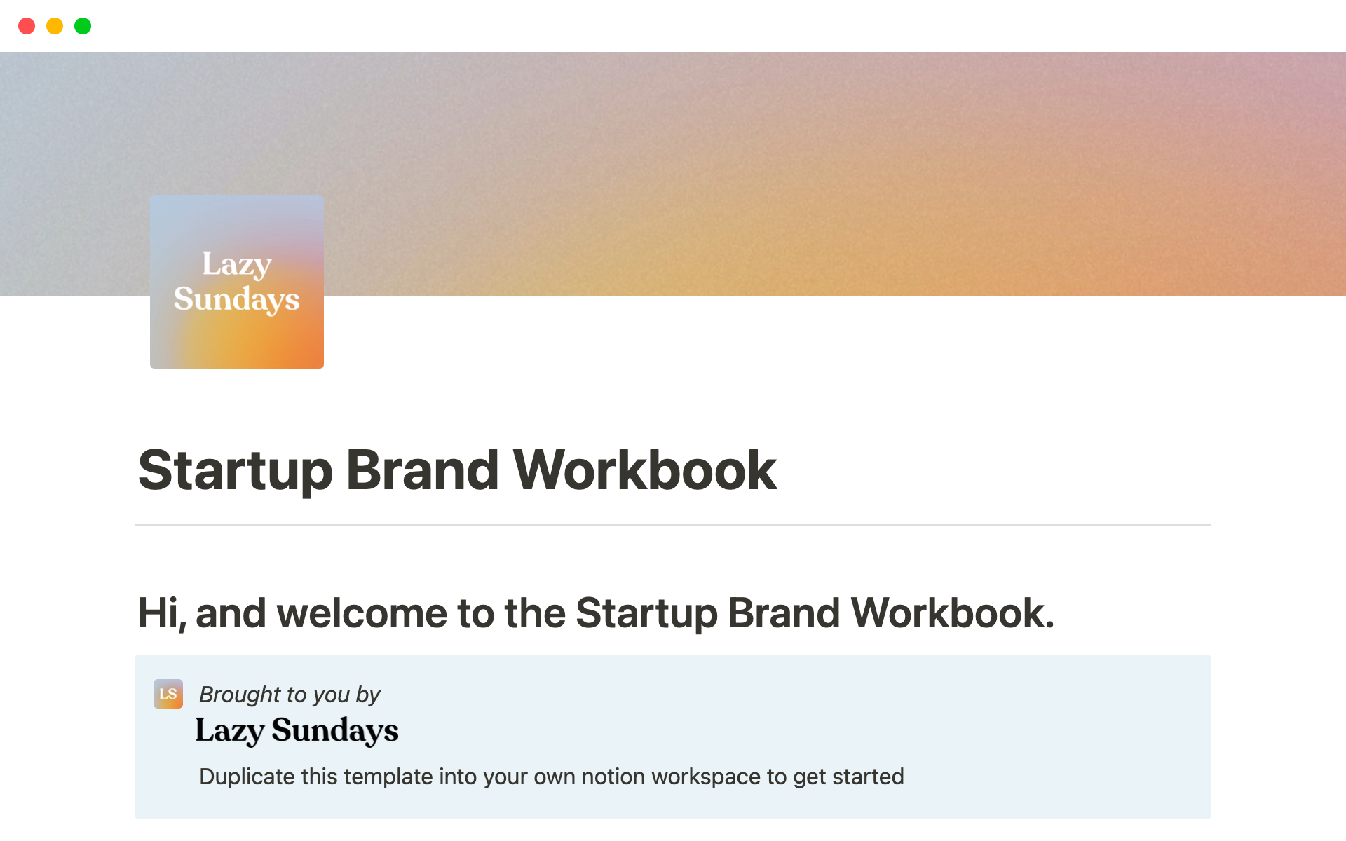 En förhandsgranskning av mallen för Startup Brand Workbook