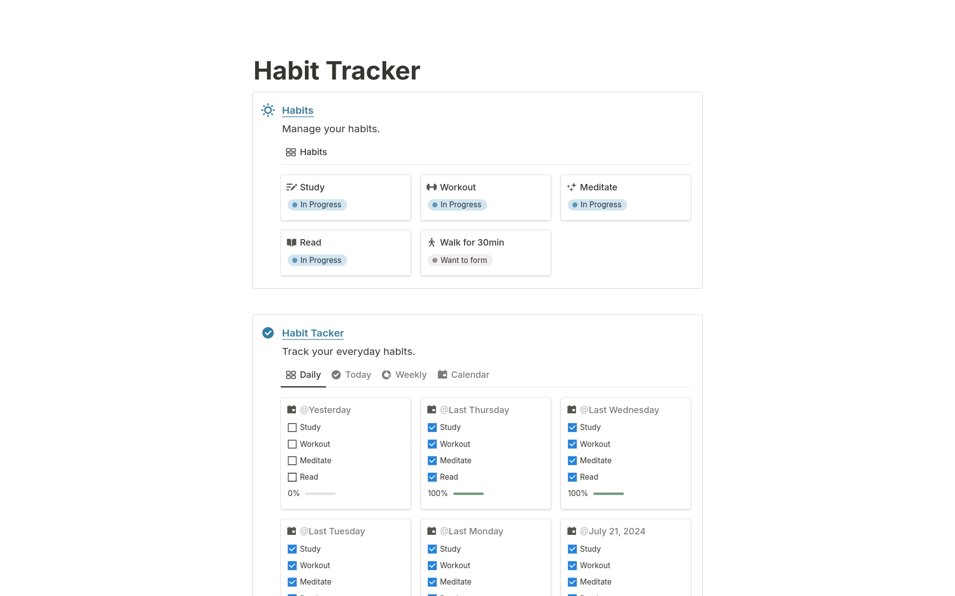 Vista previa de una plantilla para Habit Tracker