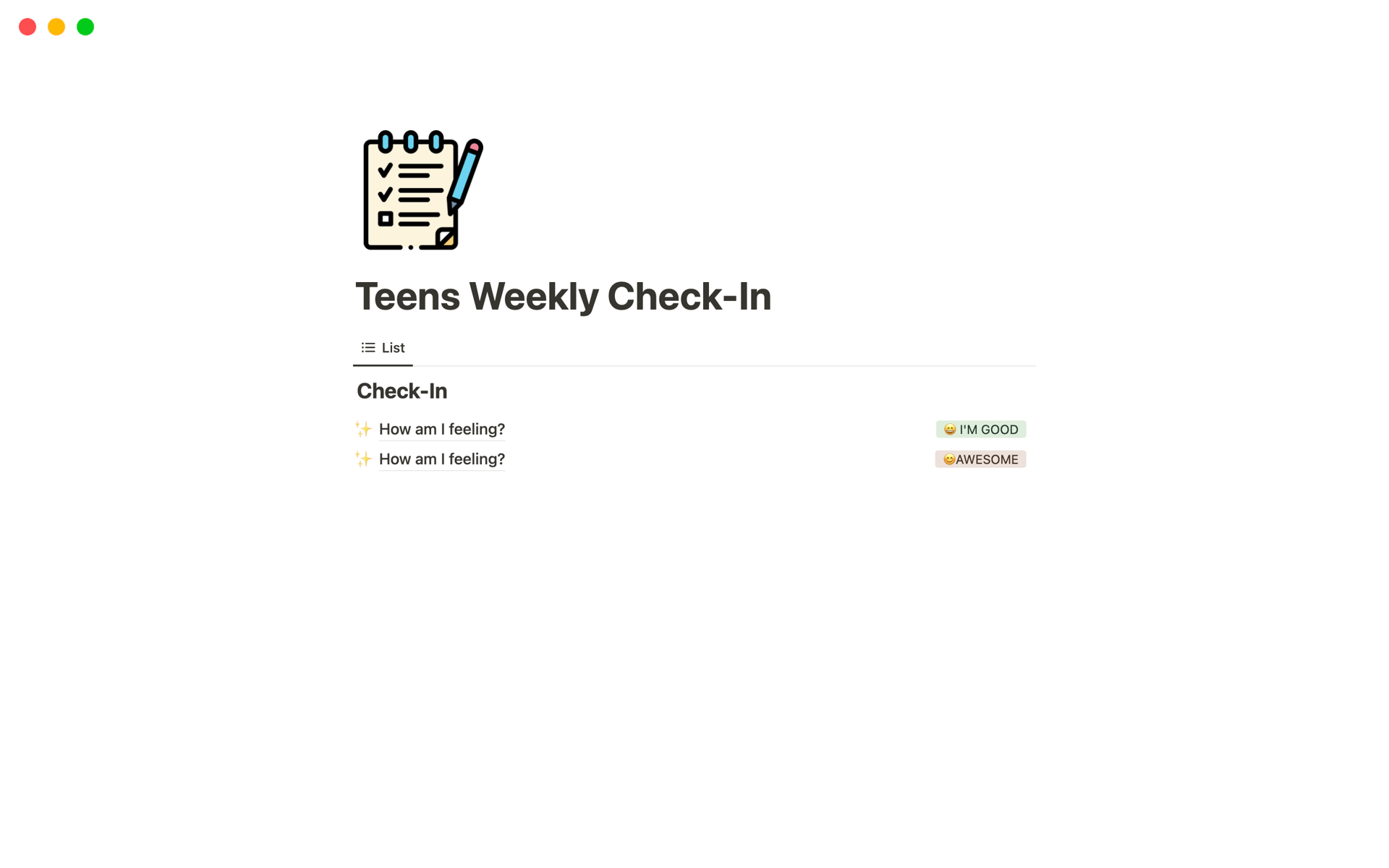 En forhåndsvisning av mal for Teens Weekly Check-In