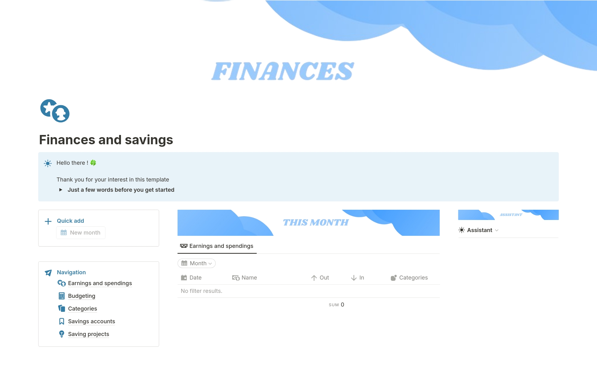 A template preview for Finances and savings