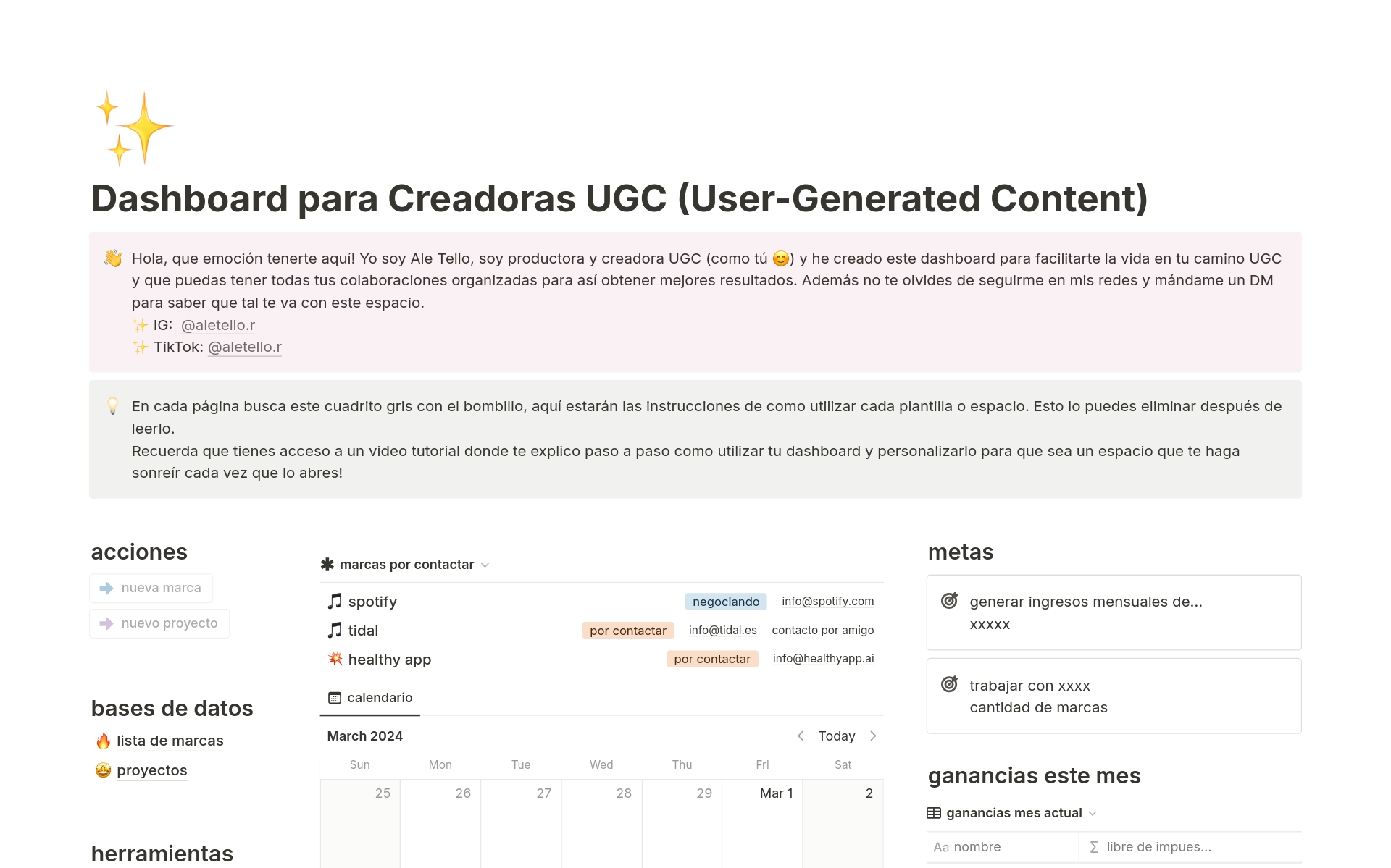 En forhåndsvisning av mal for Panel para Creadores de Contenido UGC