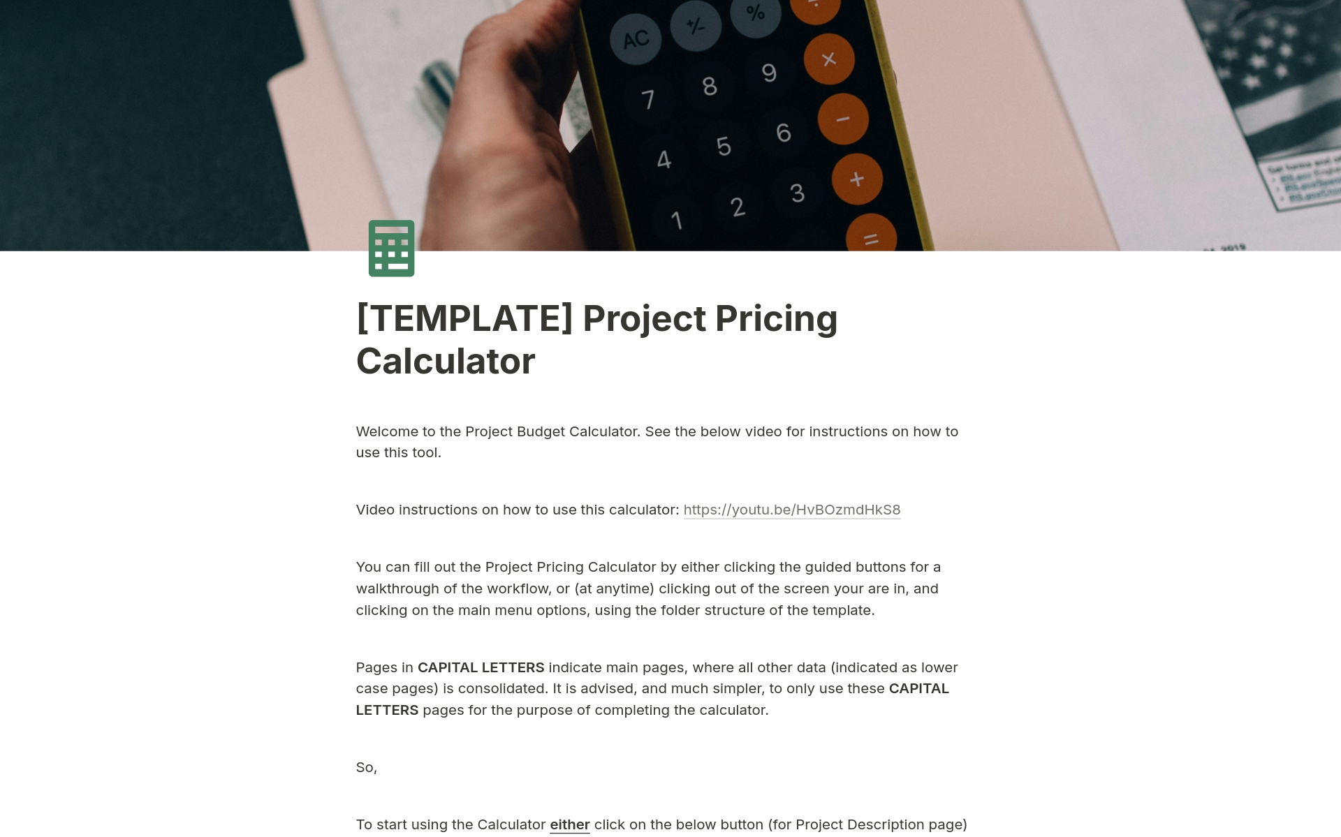 A template preview for Project Pricing Calculator