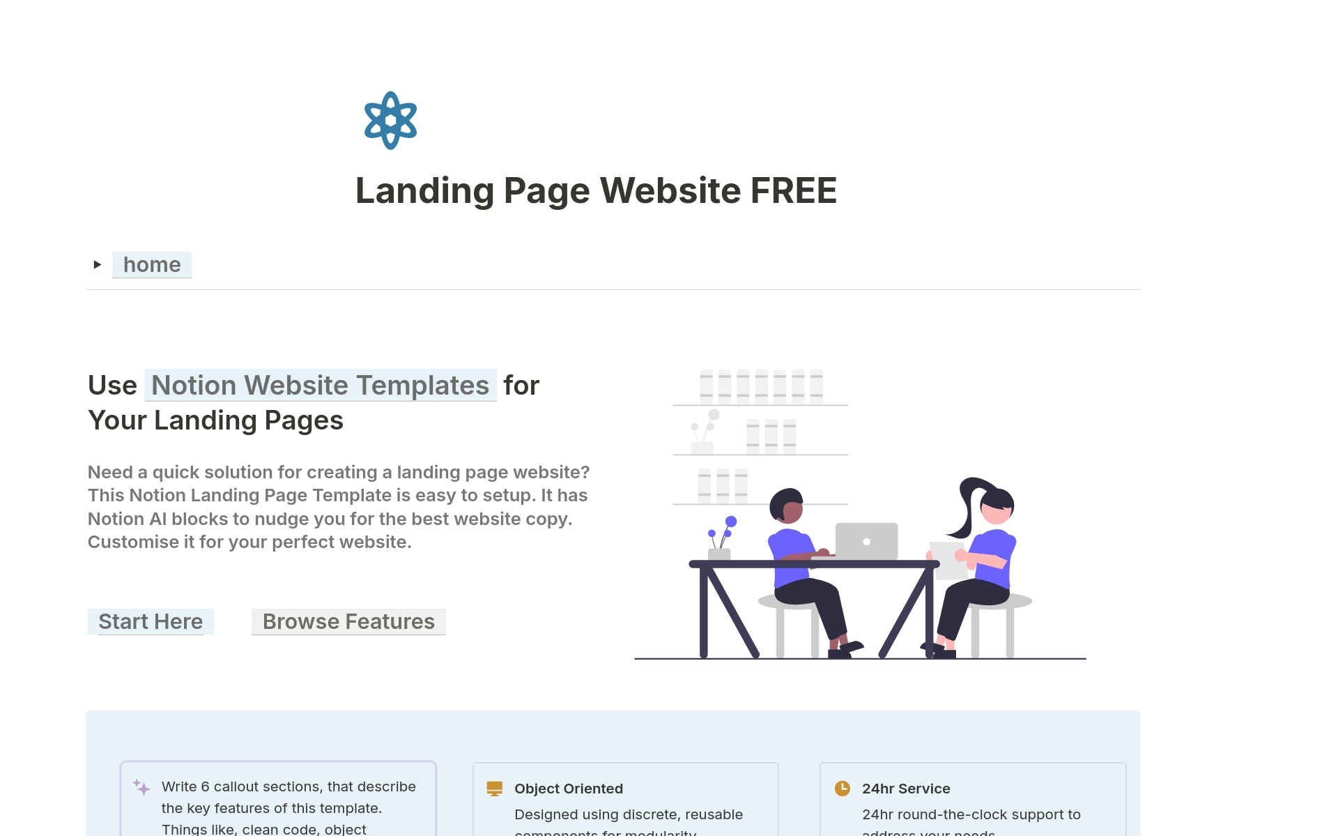 FREE Notion Landing Page Website Template, to quickly and easily setup your own Notion powered landing page, product page or personal website. Using Notion Websites and Notion AI this template will give you an easy to customise professional website.