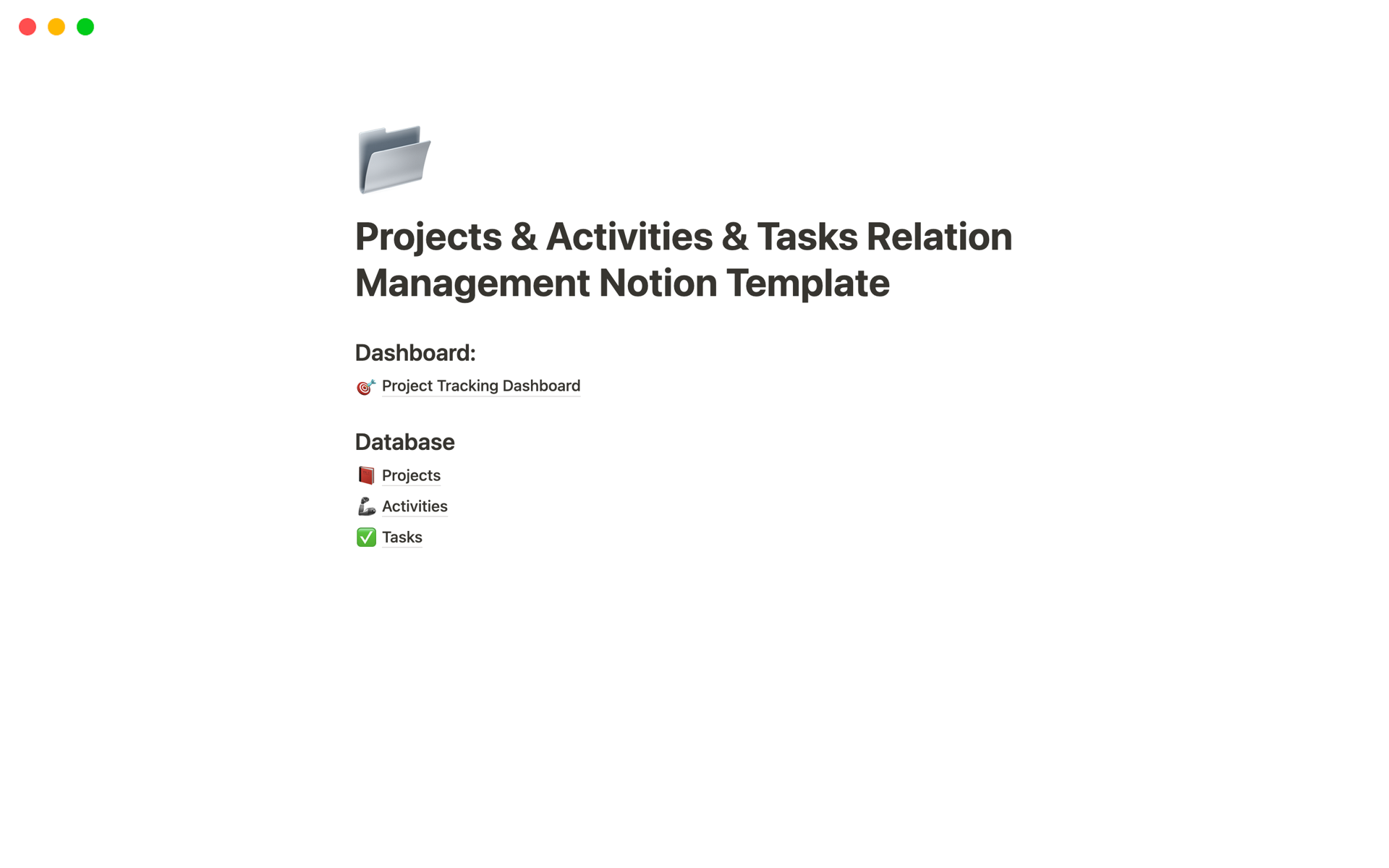 A template preview for Projects & Activities & Tasks Relation Management
