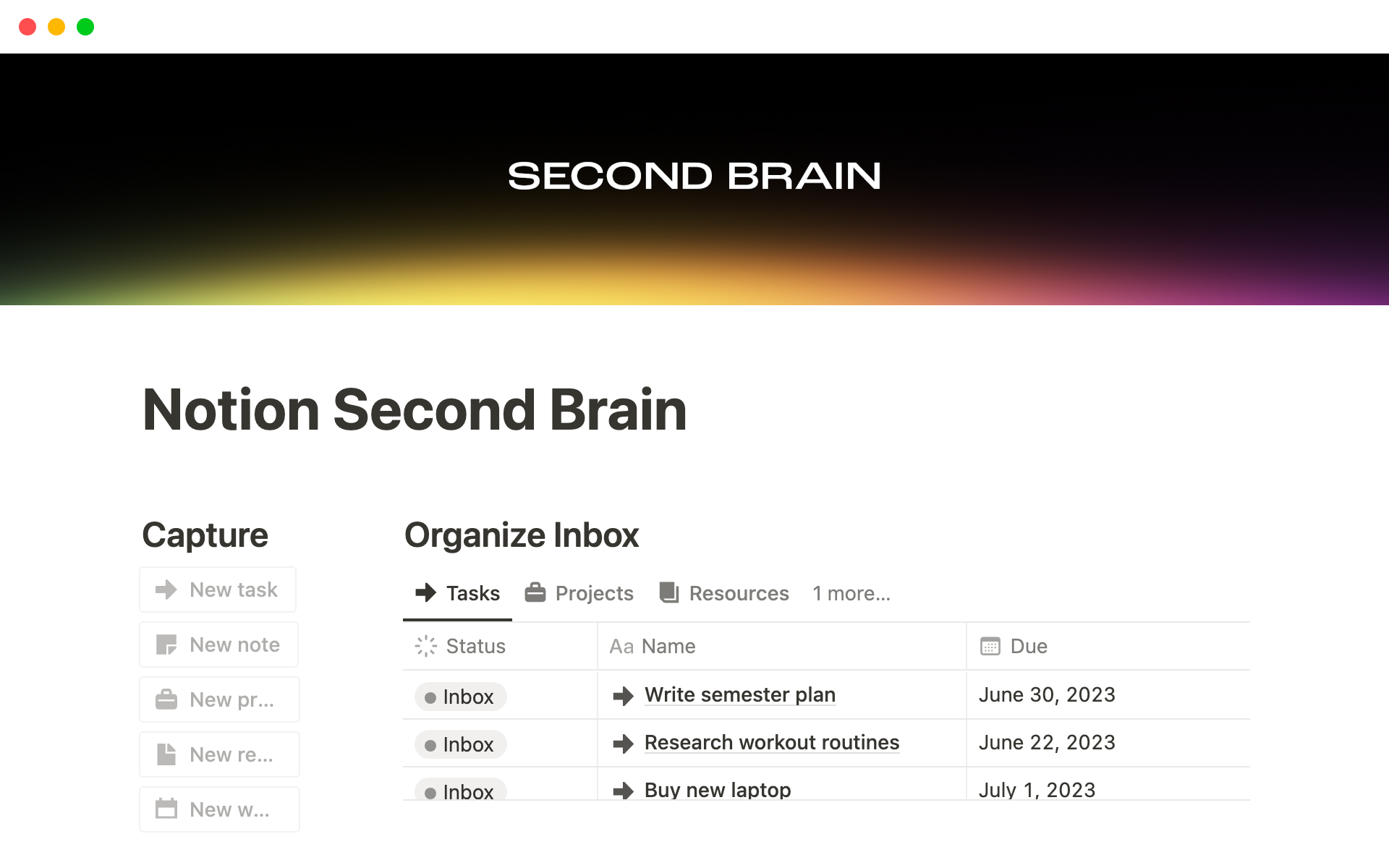 En förhandsgranskning av mallen för Notion Second Brain