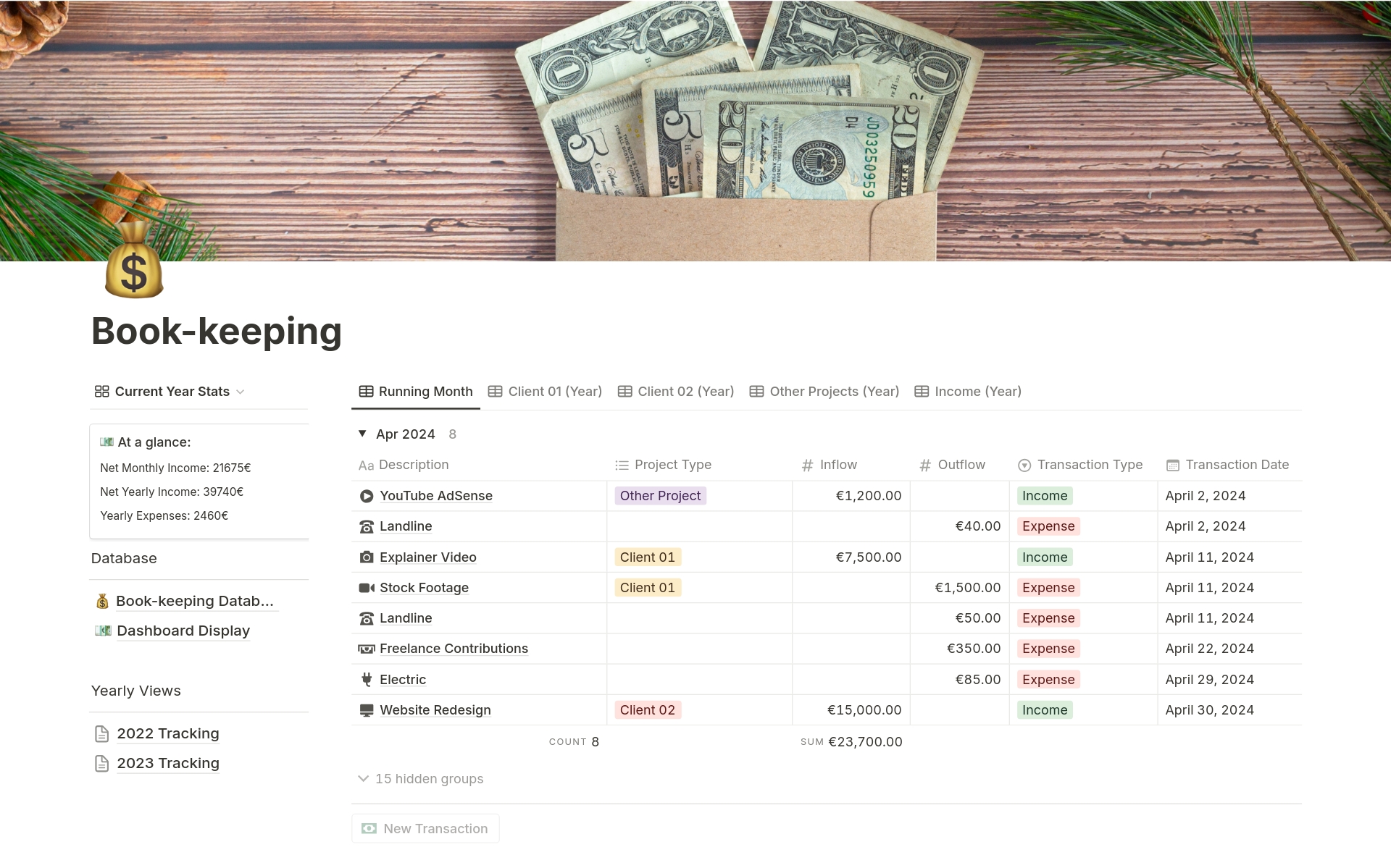 Track your income and expenses with this easy to use template. Quickly see how you're doing with the handy widget view, or dive deeper through dedicated filtered views. The template also comes with a short video explaining how everything works! 