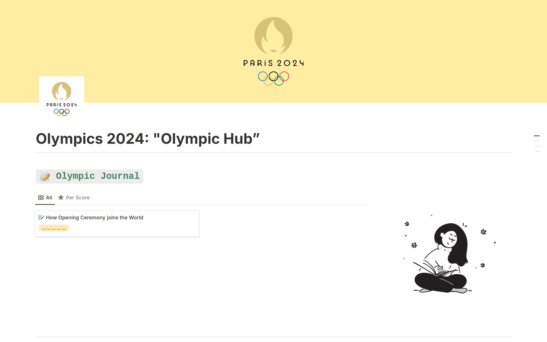 The Olympics 2024: "Olympic Hub" template is a central hub for all things related to the upcoming Olympics. It includes sections for:

- ⚽ Sports and events tracking
- 📝 Olympic journal
- 🗣️ Community discussions
- 📱 Social media updates