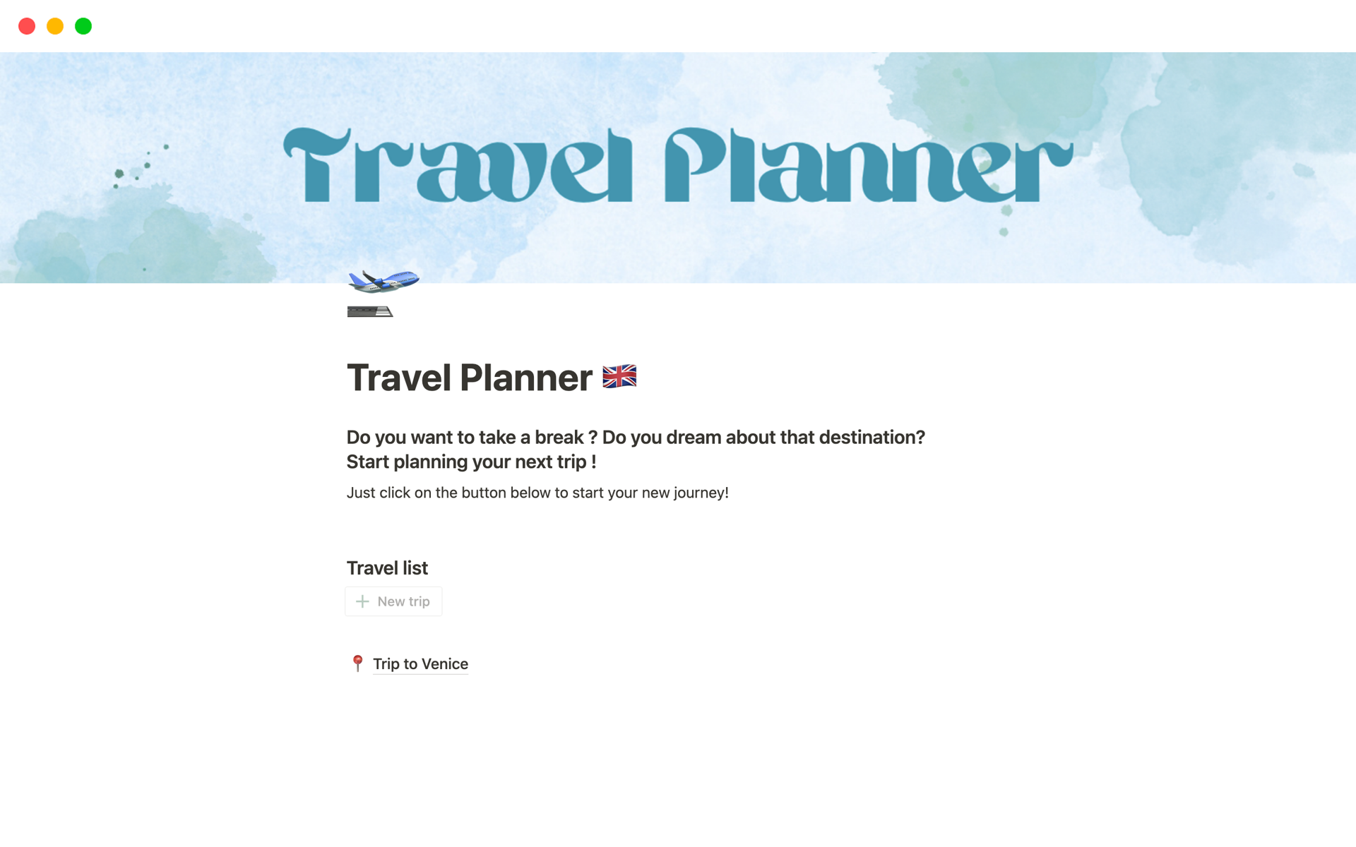 En forhåndsvisning av mal for Travel Planner