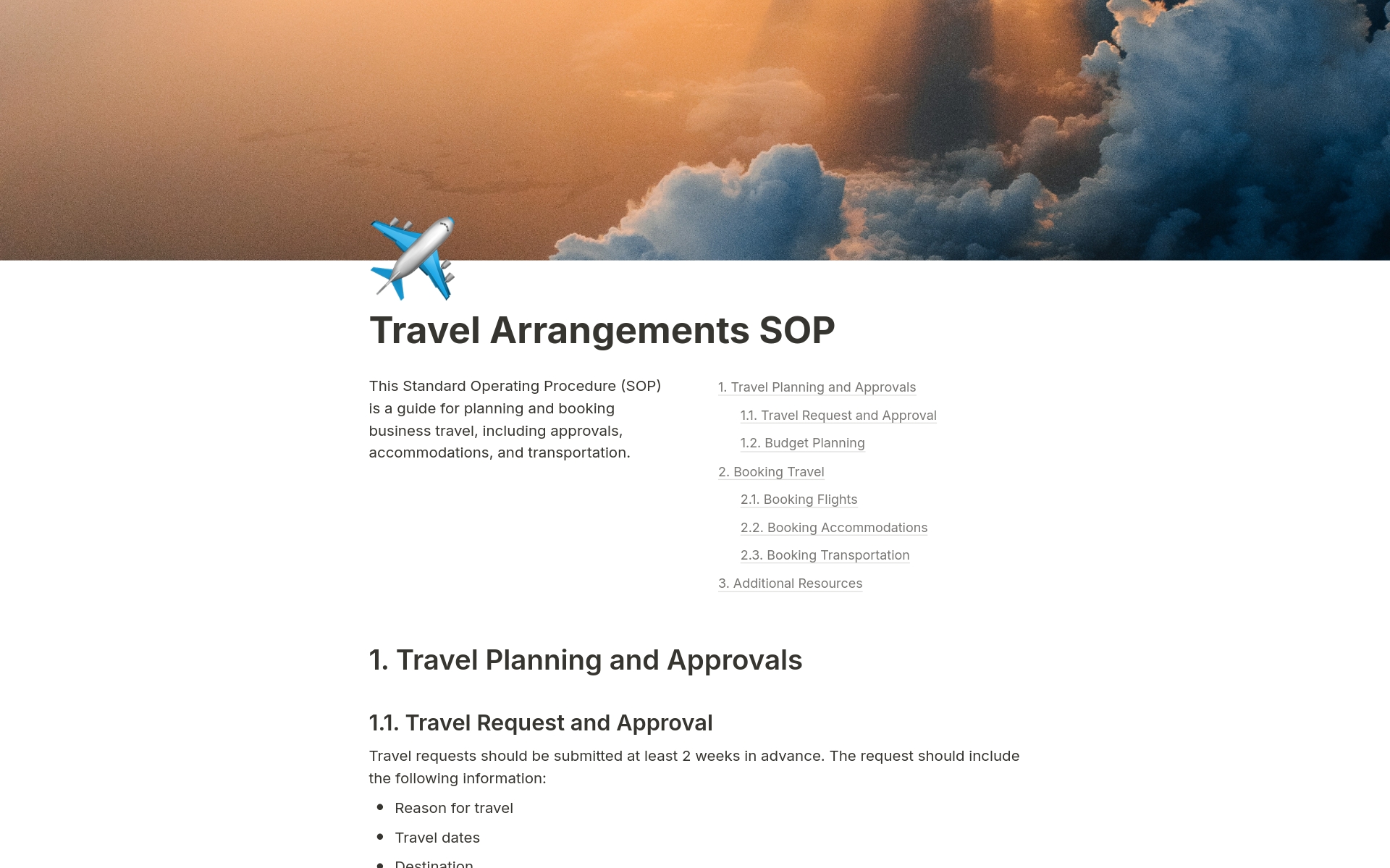 Simplify business travel planning with this SOP template for booking flights, accommodations, and managing approvals efficiently.