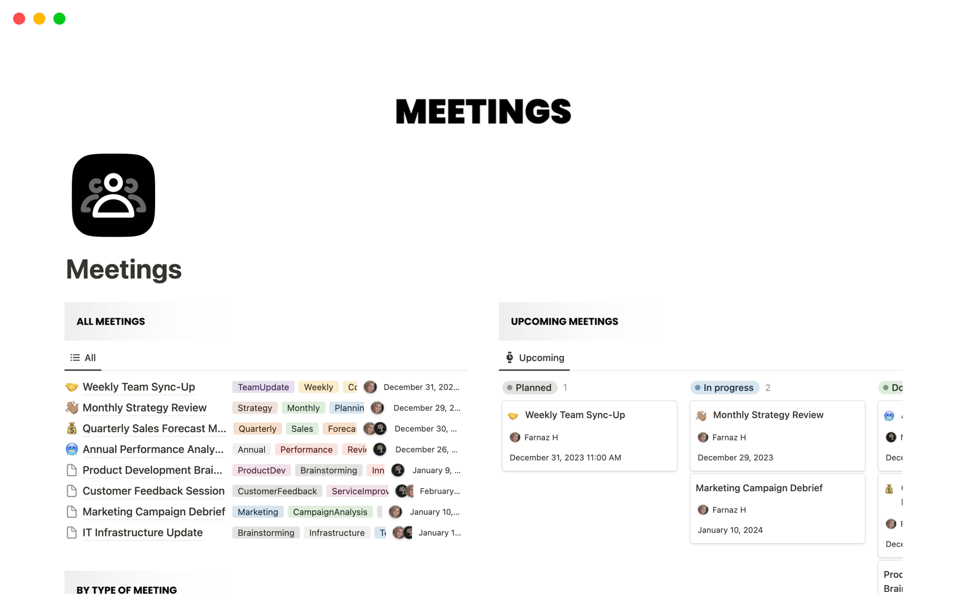 Vista previa de una plantilla para Meeting Management