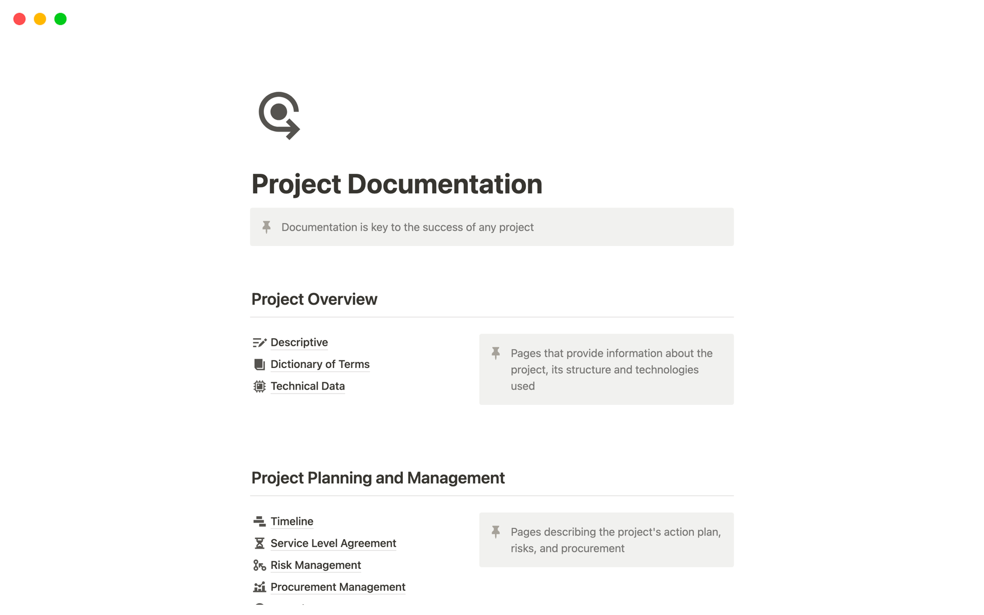 Uma prévia do modelo para Project Documentation