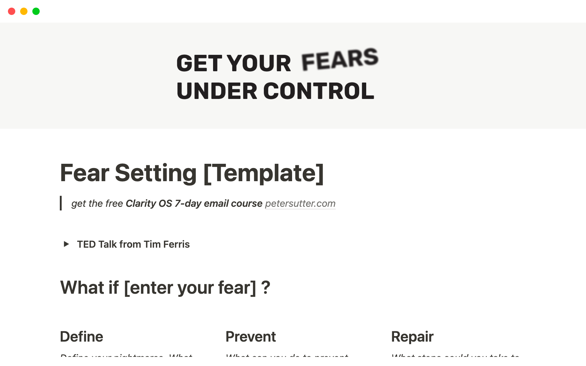 A template preview for Fear Setting Template