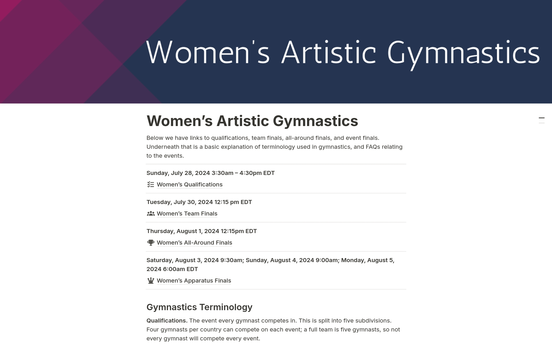 En förhandsgranskning av mallen för Olympic Score Tracker—Women's Artistic Gymnastics 