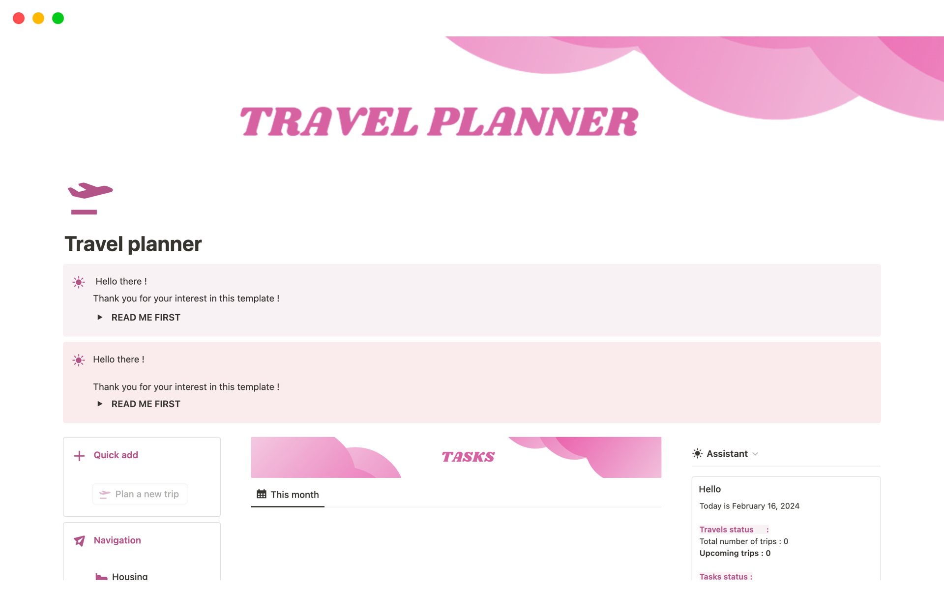 Aperçu du modèle de Travel planner