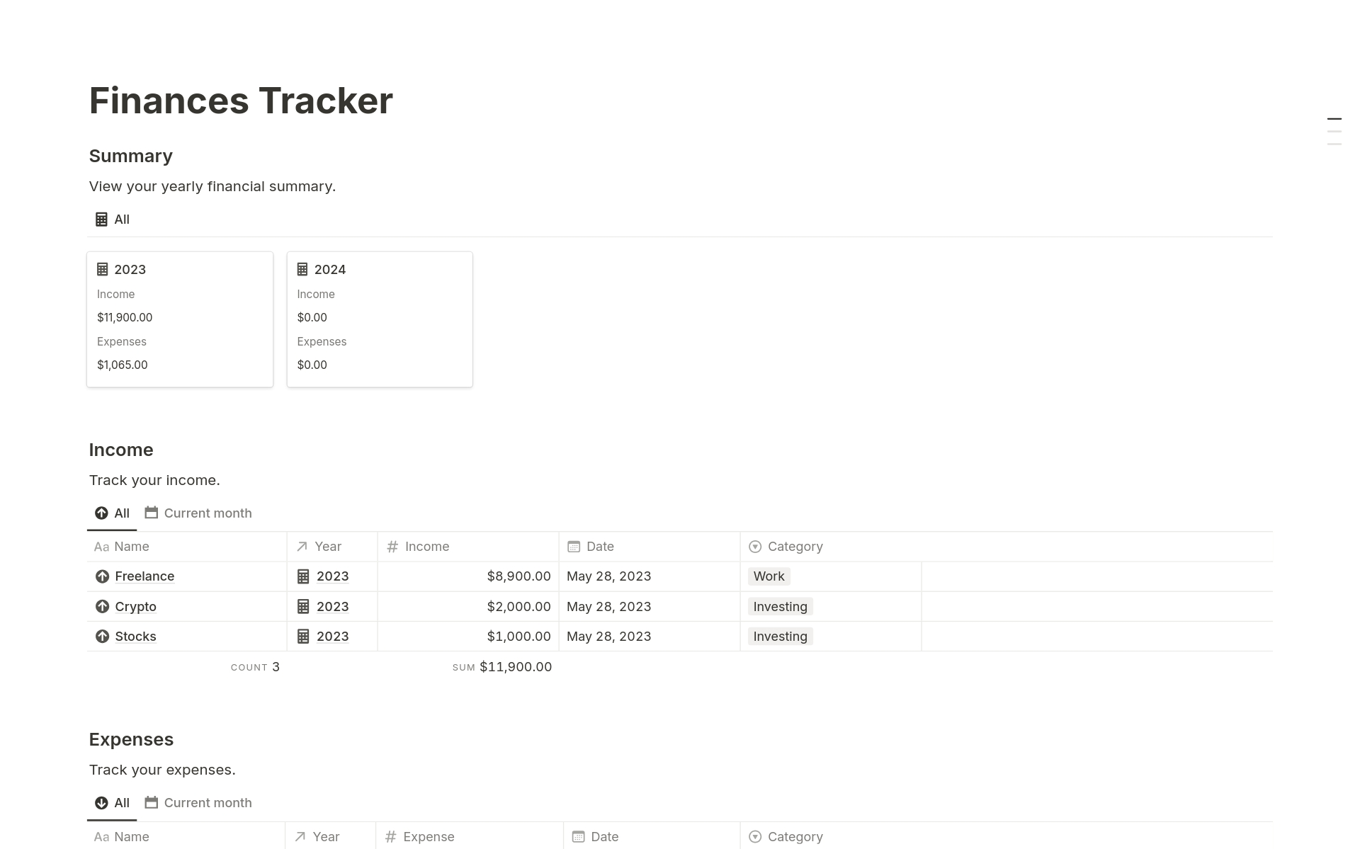 Vista previa de una plantilla para Finance Tracker