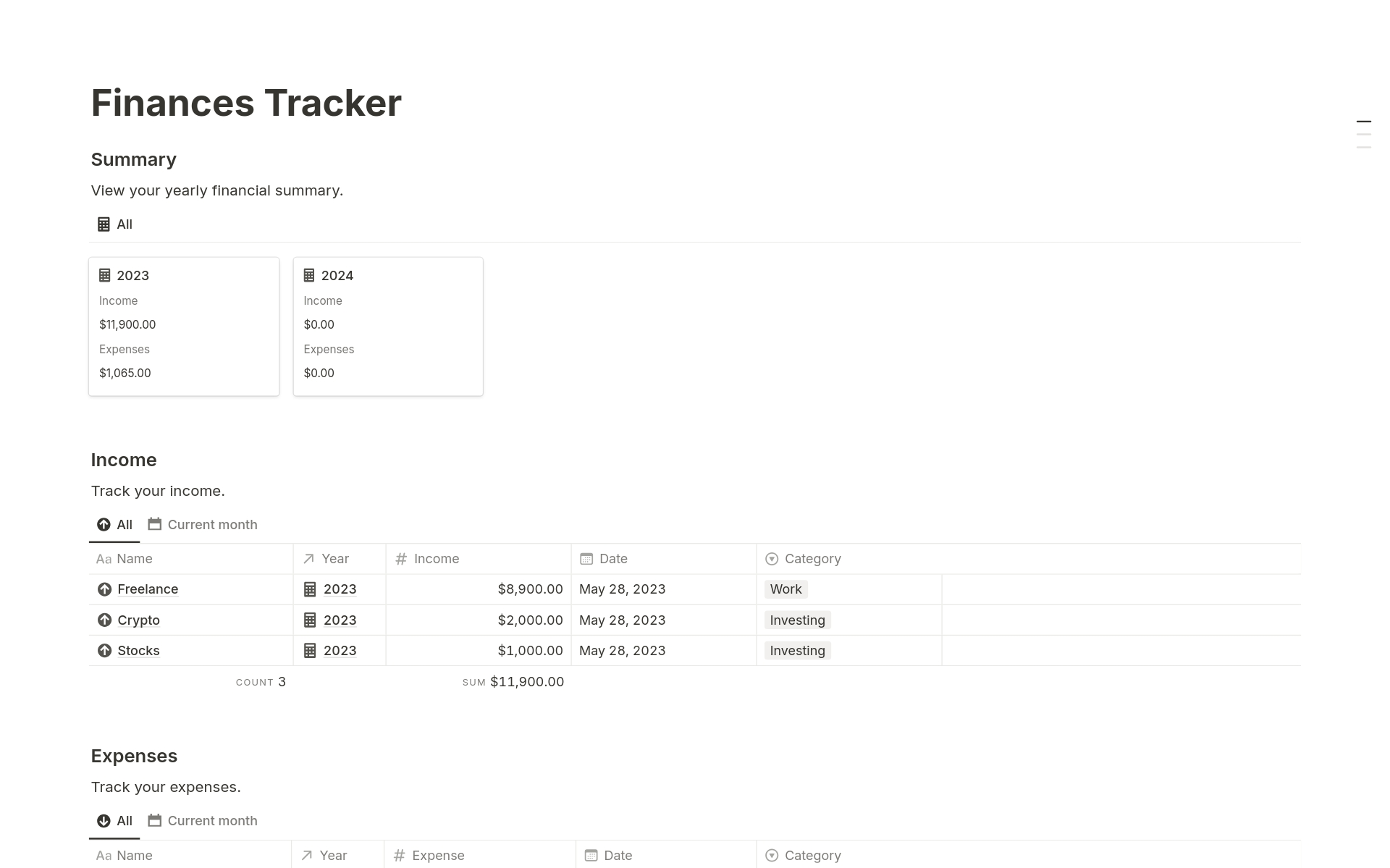 Vista previa de plantilla para Finance Tracker