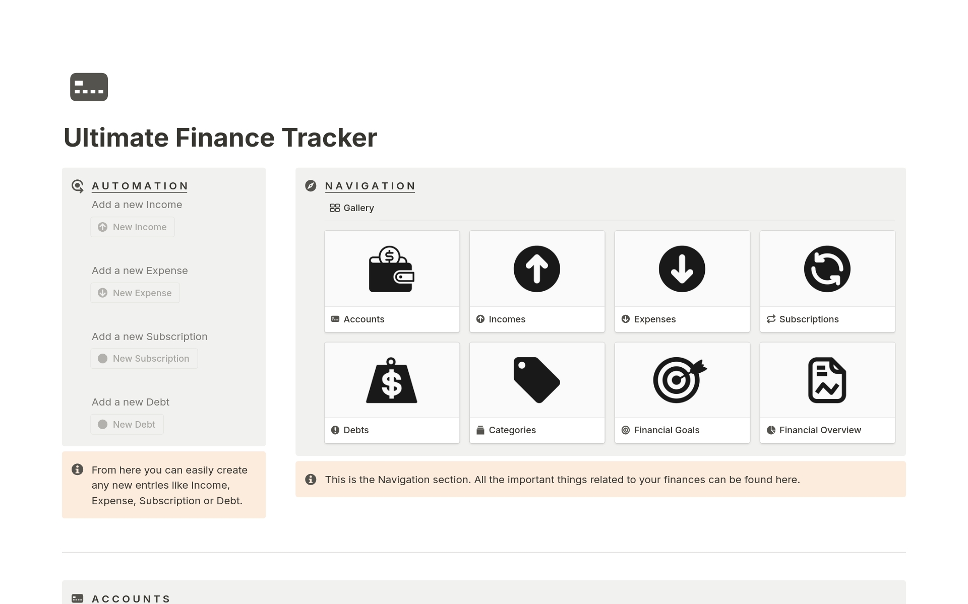 En forhåndsvisning av mal for Notion Ultimate Finance Tracker