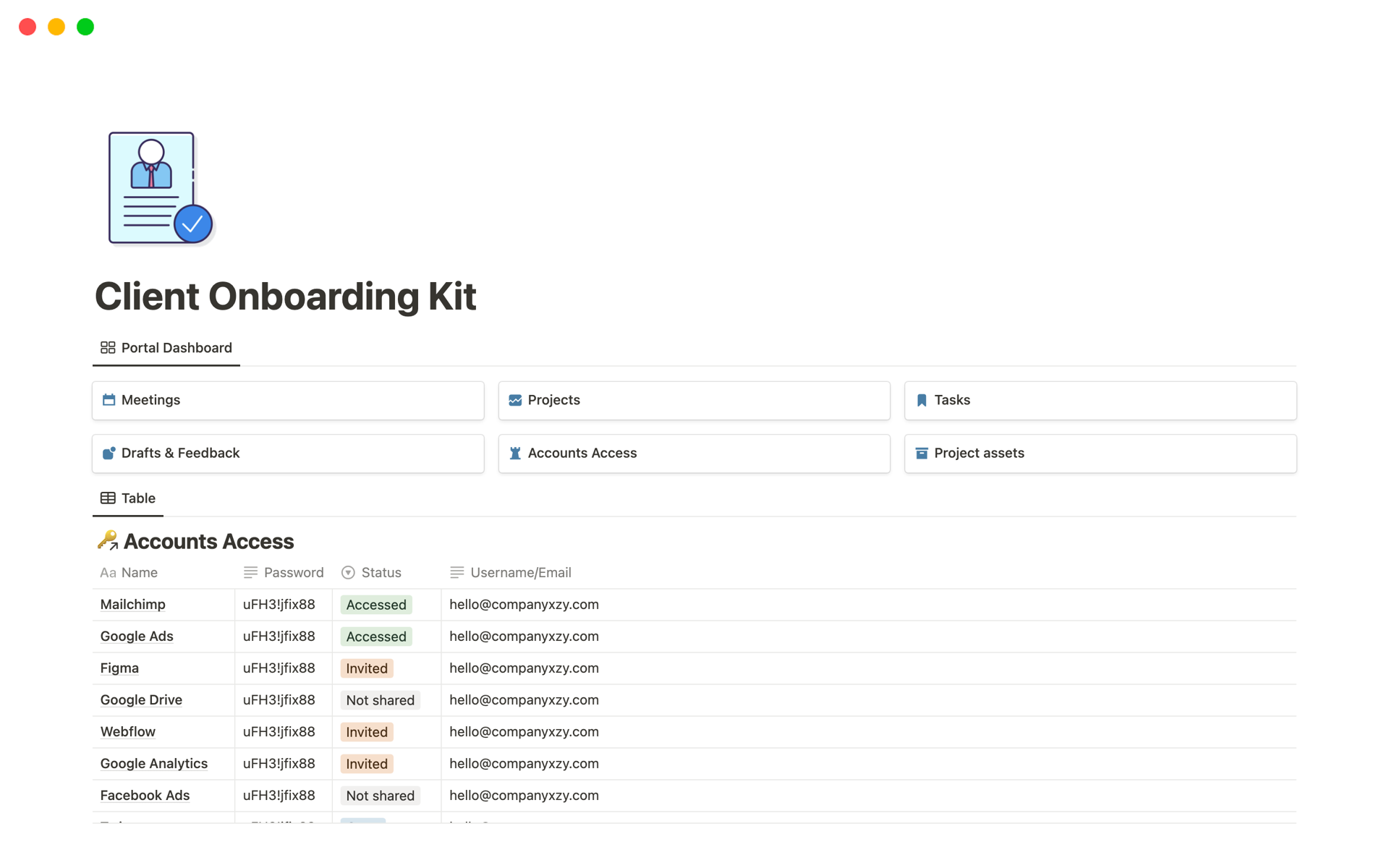 Vista previa de una plantilla para Client Onboarding Kit