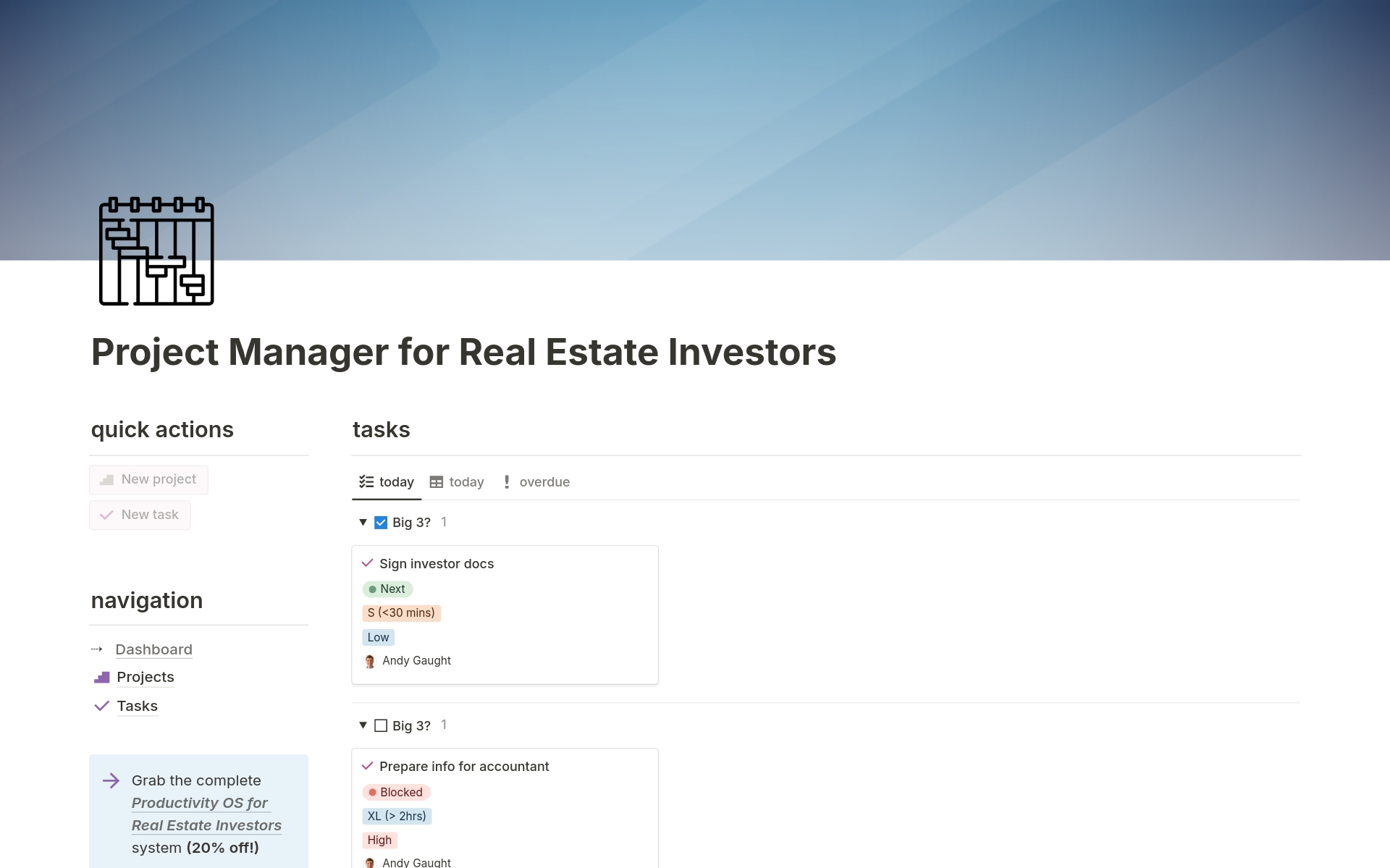A template preview for Project Manager for Real Estate Investors