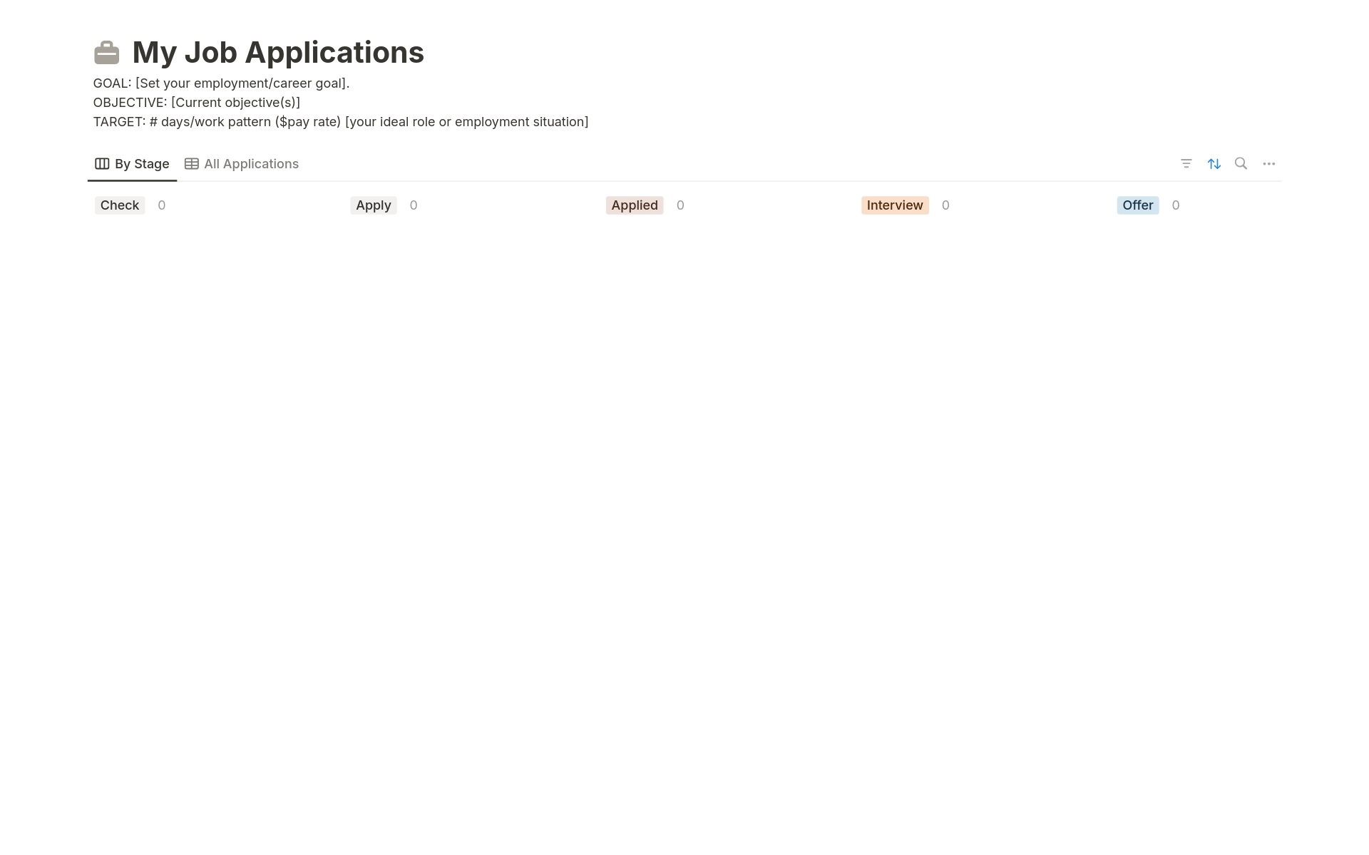 Vista previa de una plantilla para My Job Applications tracker