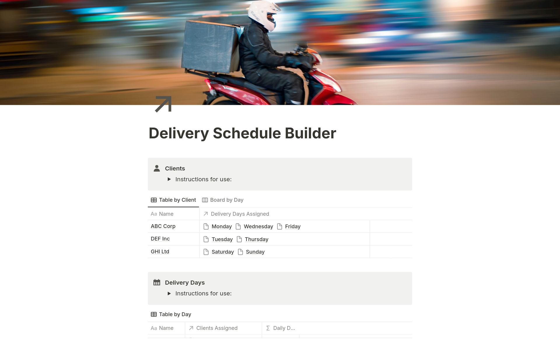 Uma prévia do modelo para Delivery Schedule Builder