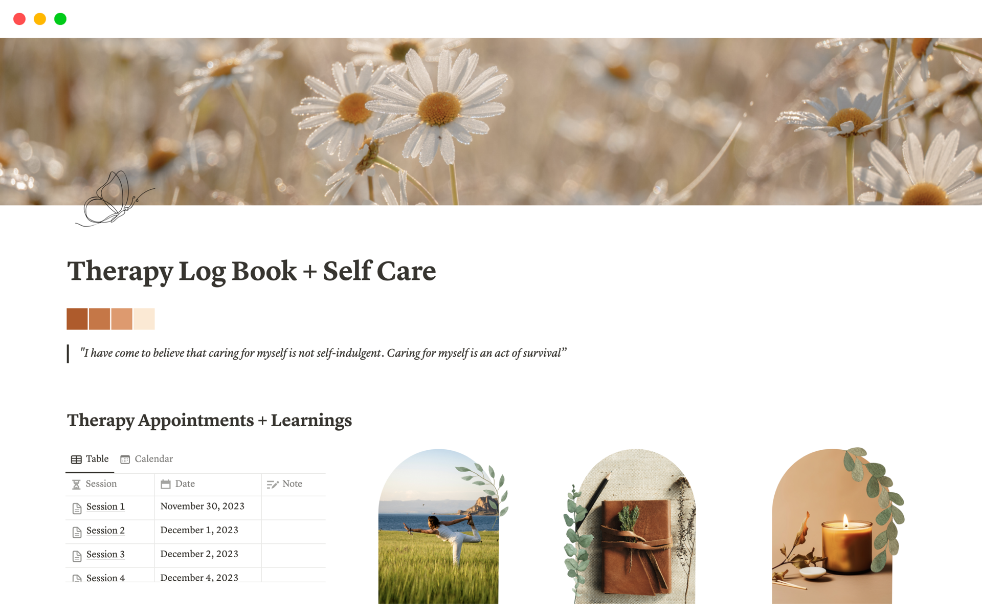 Features: Therapy Appointments + Learnings | Mood Tracker | Medication Tracker | Personal Care Goals: Physical, Mental, Skin, Relationships, Dopamine, Gut | Self Care Questionnaire | Vent Corner