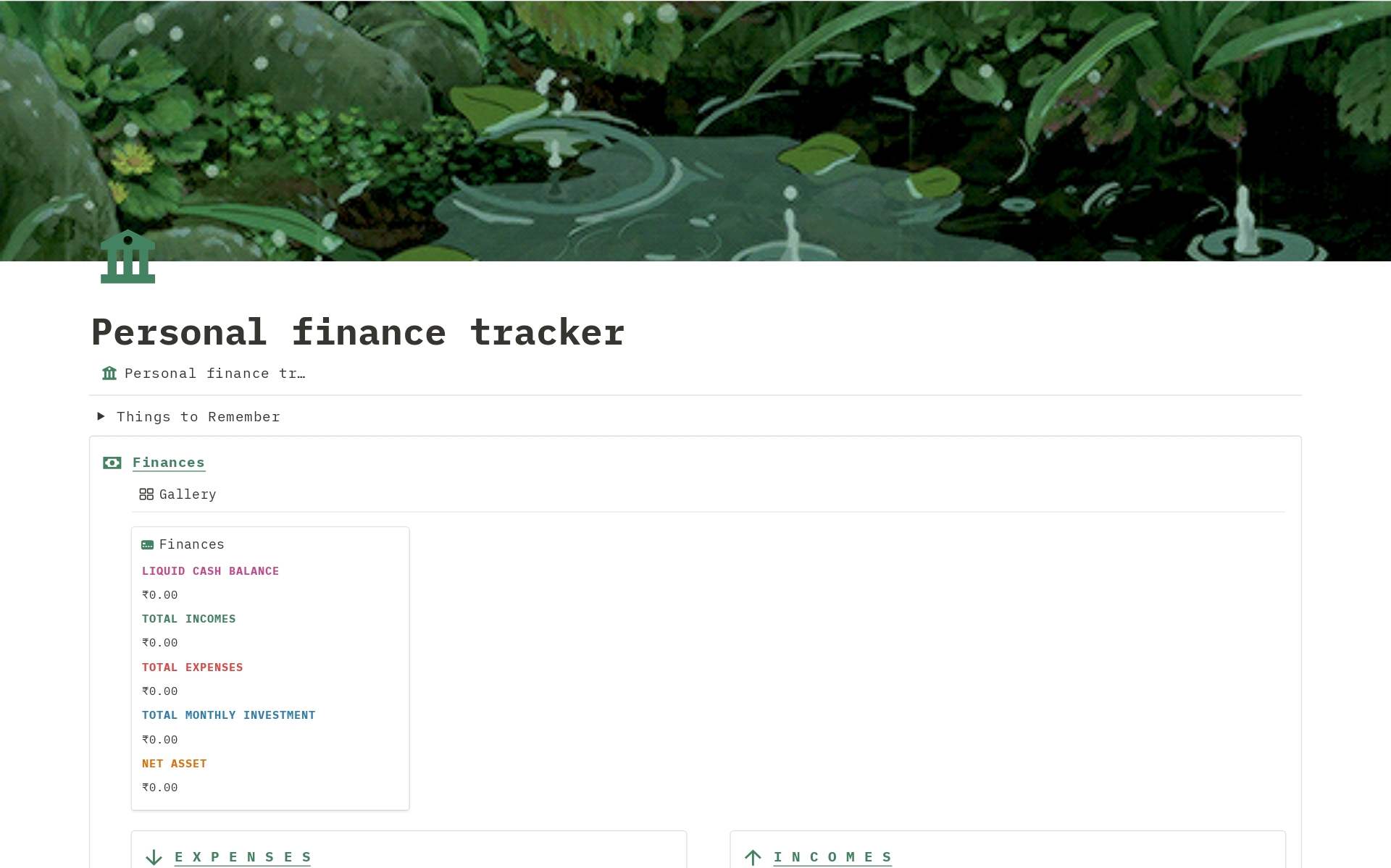 En forhåndsvisning av mal for Personal Finance Tracker