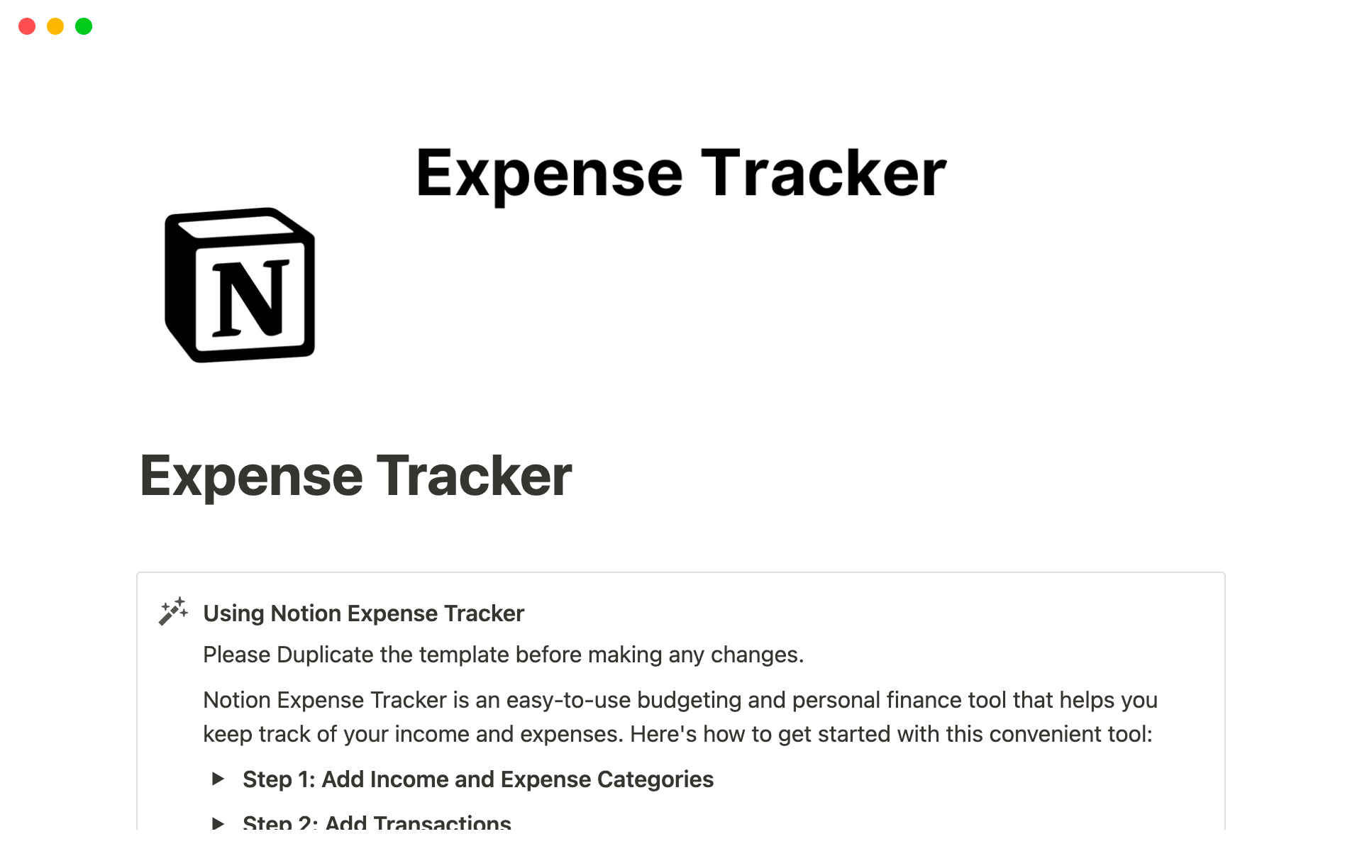En forhåndsvisning av mal for Expense Tracker